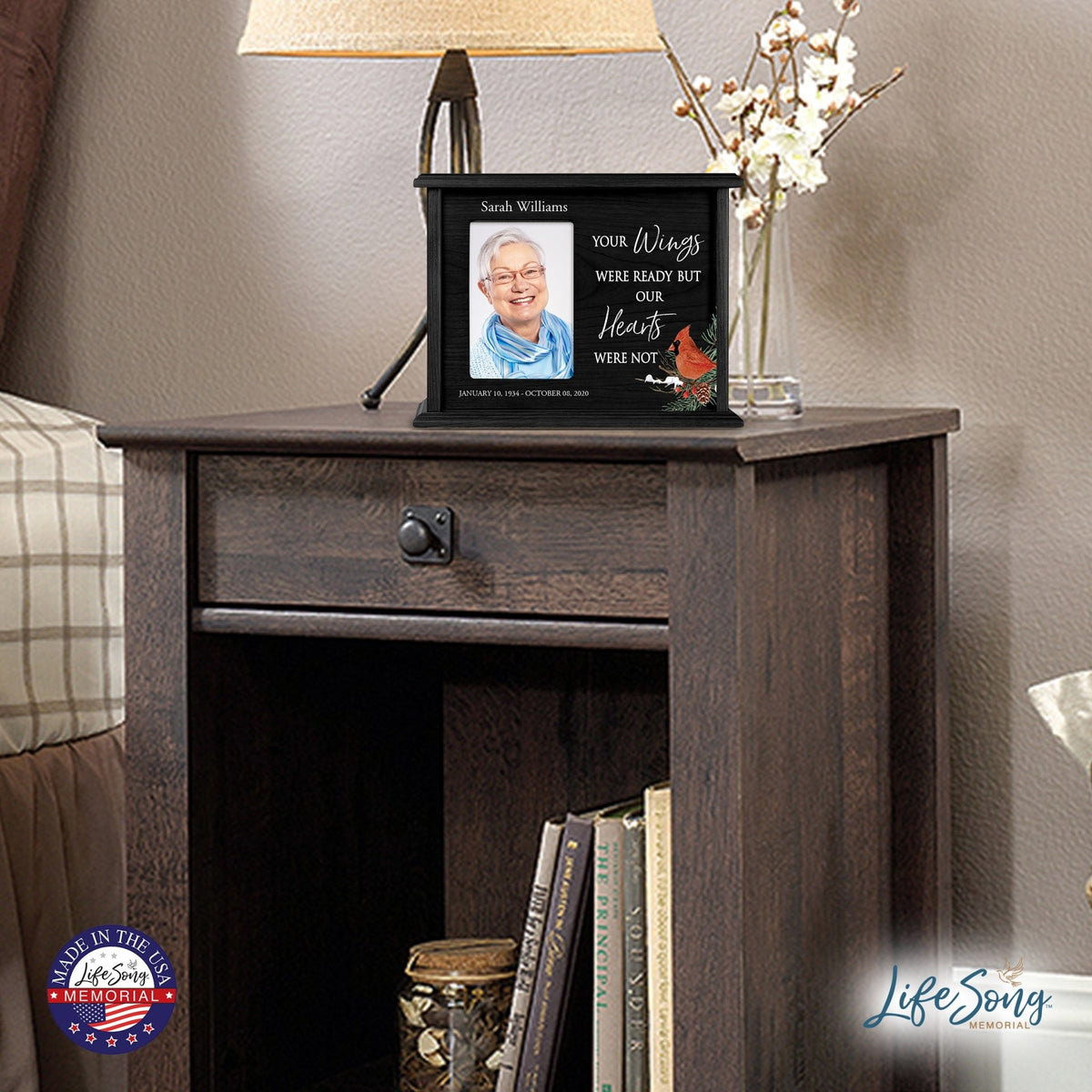 Customized Cardinal Memorial Wooden Cremation Urn Box with 4x6 Photo holds 200 cu in Your Wings Were - LifeSong Milestones