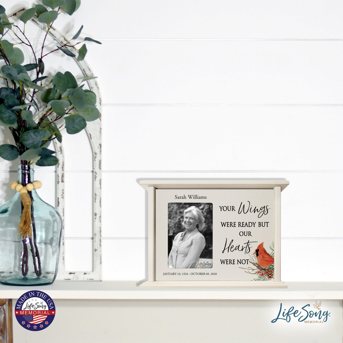 Customized Cardinal Memorial Wooden Cremation Urn Box with 4x6 Photo holds 200 cu in Your Wings Were - LifeSong Milestones
