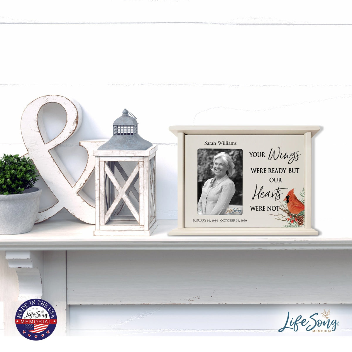 Customized Cardinal Memorial Wooden Cremation Urn Box with 4x6 Photo holds 200 cu in Your Wings Were - LifeSong Milestones