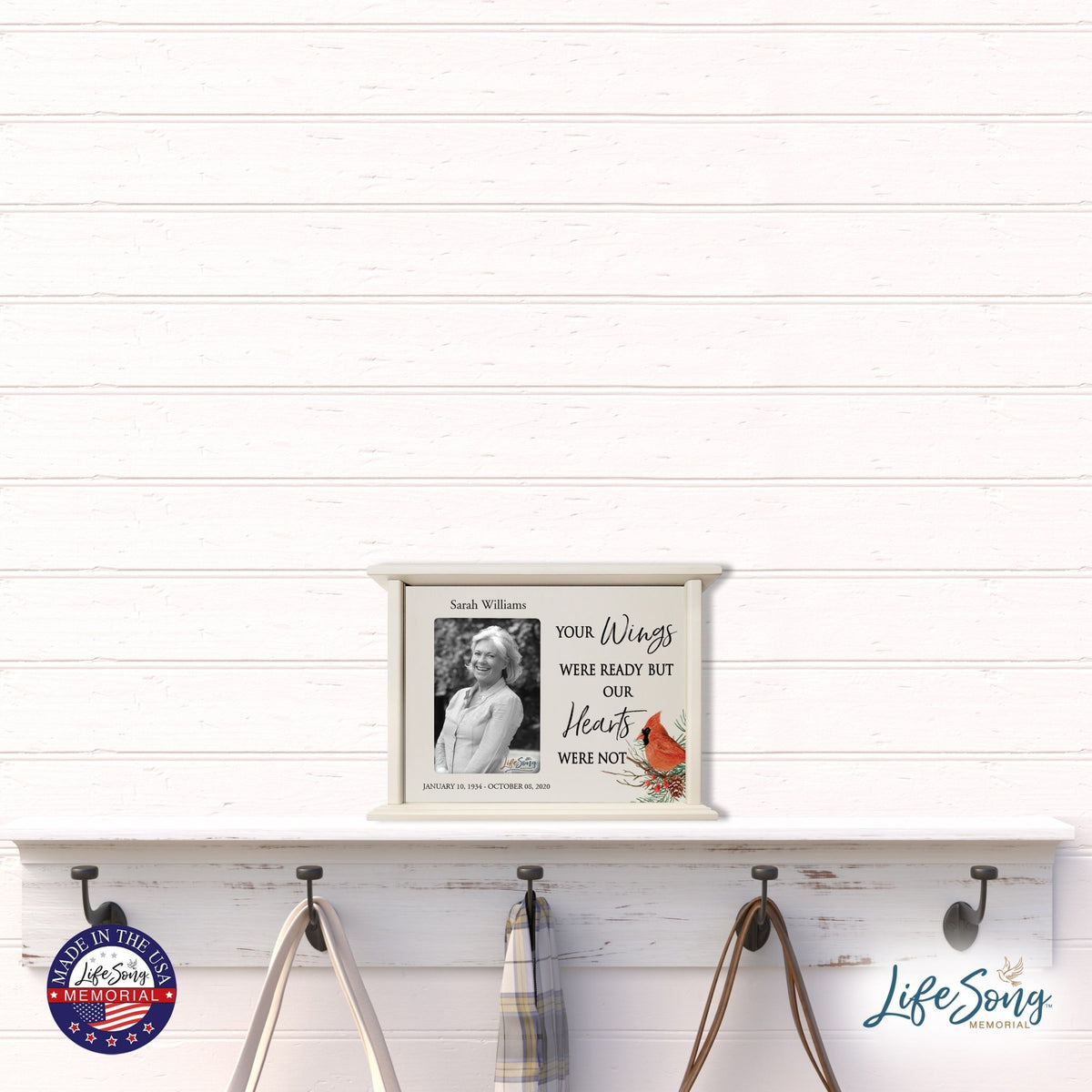 Customized Cardinal Memorial Wooden Cremation Urn Box with 4x6 Photo holds 200 cu in Your Wings Were - LifeSong Milestones
