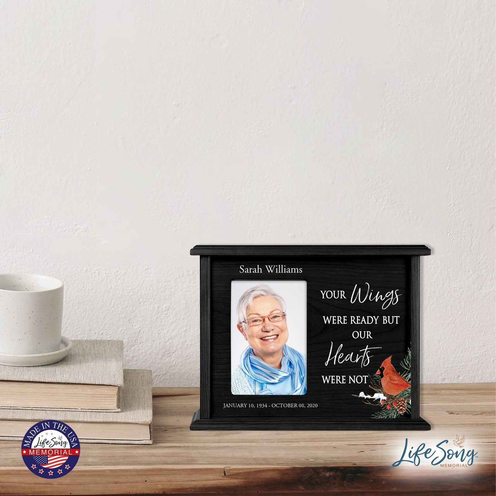 Customized Cardinal Memorial Wooden Cremation Urn Box with 4x6 Photo holds 200 cu in Your Wings Were - LifeSong Milestones