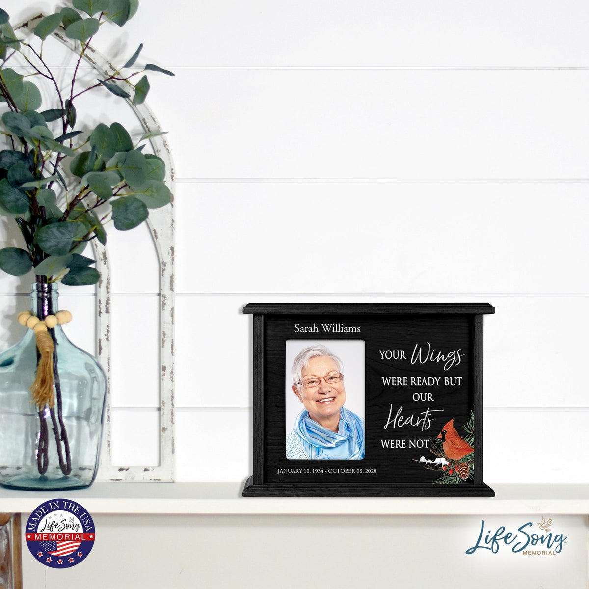 Customized Cardinal Memorial Wooden Cremation Urn Box with 4x6 Photo holds 200 cu in Your Wings Were - LifeSong Milestones