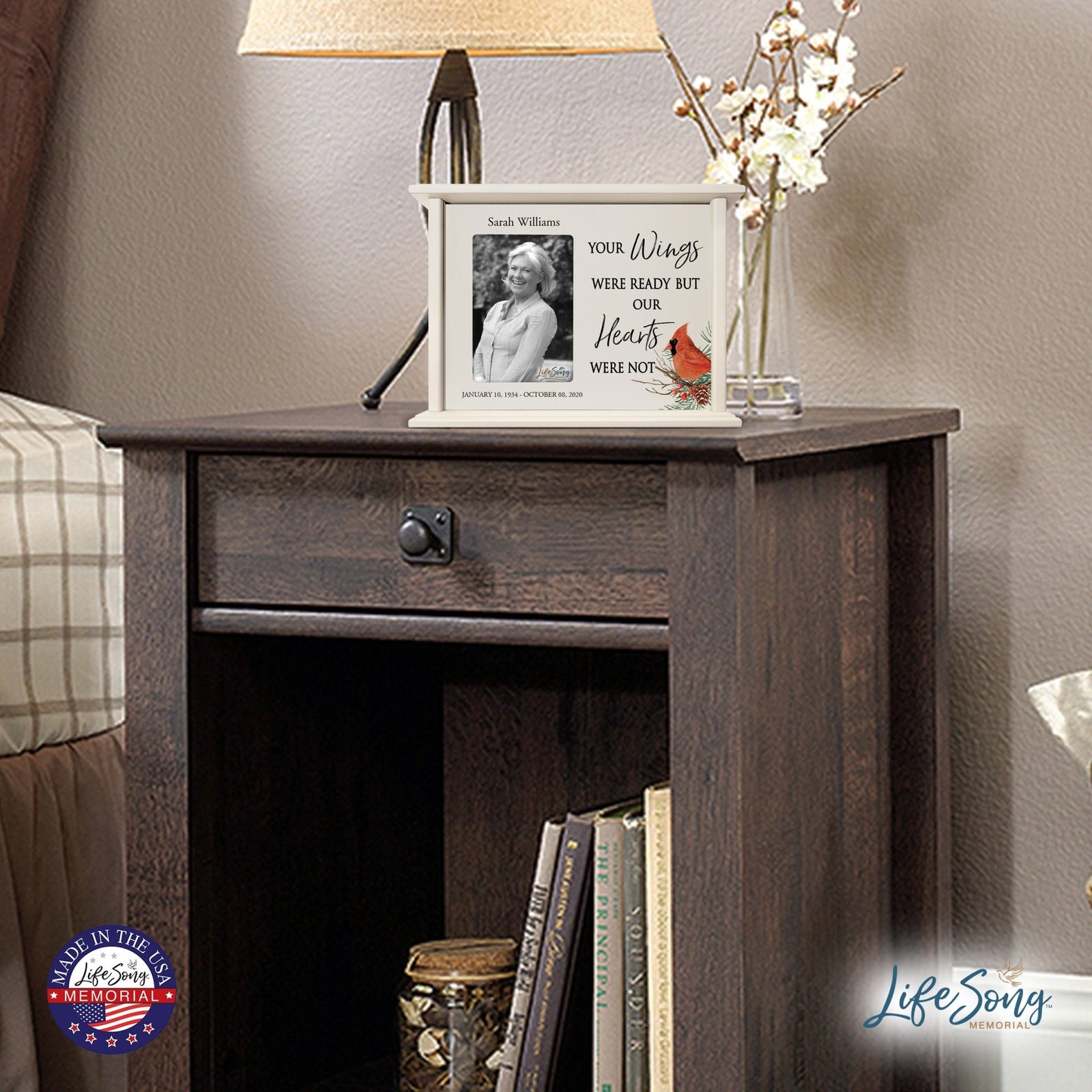 Customized Cardinal Memorial Wooden Cremation Urn Box with 4x6 Photo holds 200 cu in Your Wings Were - LifeSong Milestones