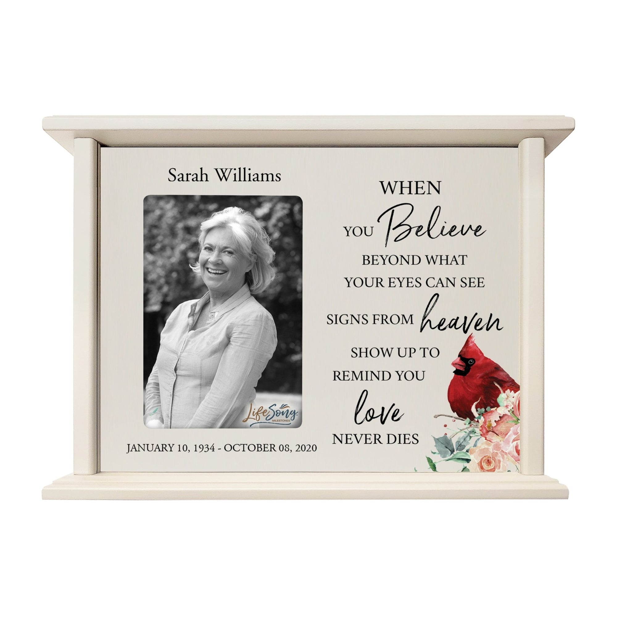 Customized Cardindal Cremation Urn Wooden Photo Urn Box Holds 4x6 200 cu in When You Believe - LifeSong Milestones