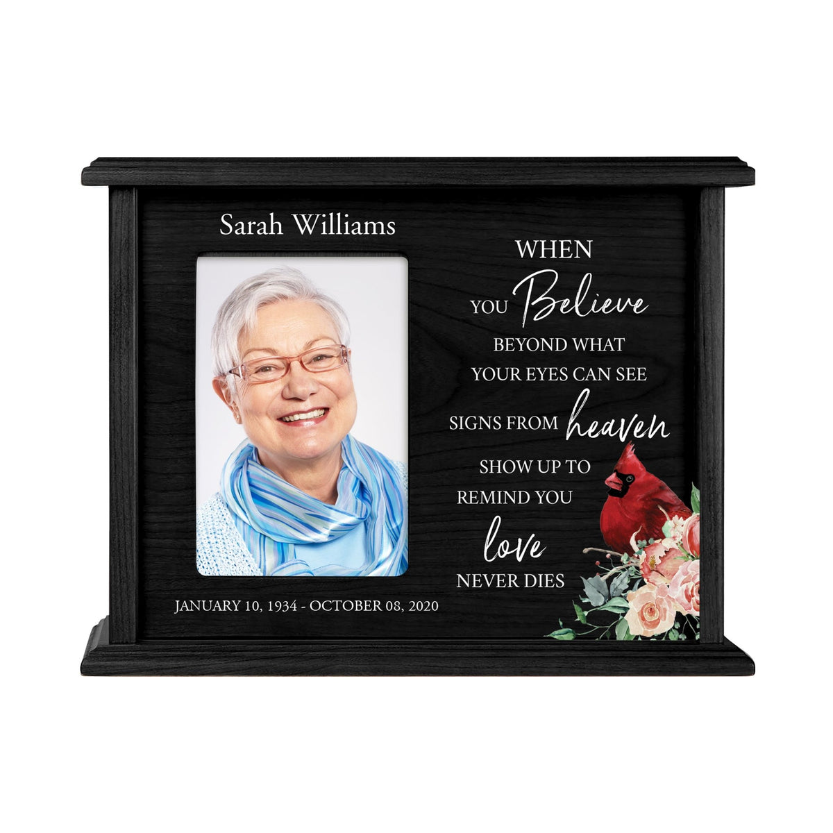 Customized Cardindal Cremation Urn Wooden Photo Urn Box Holds 4x6 200 cu in When You Believe - LifeSong Milestones