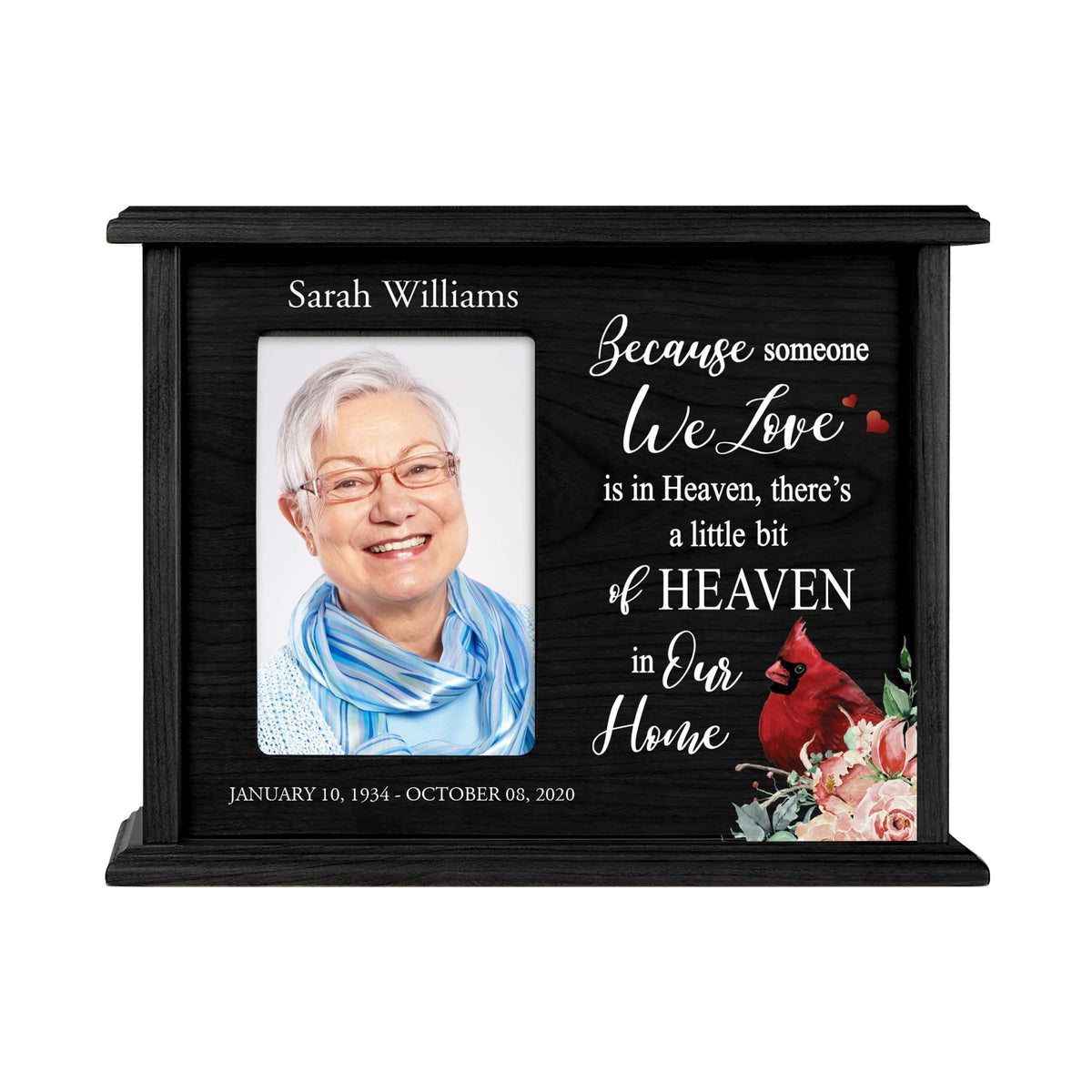 Customized Memorial Cremation Urn Wooden Urn Box with 4x6 Photo holds 200 cu in Because Someone We Love - LifeSong Milestones