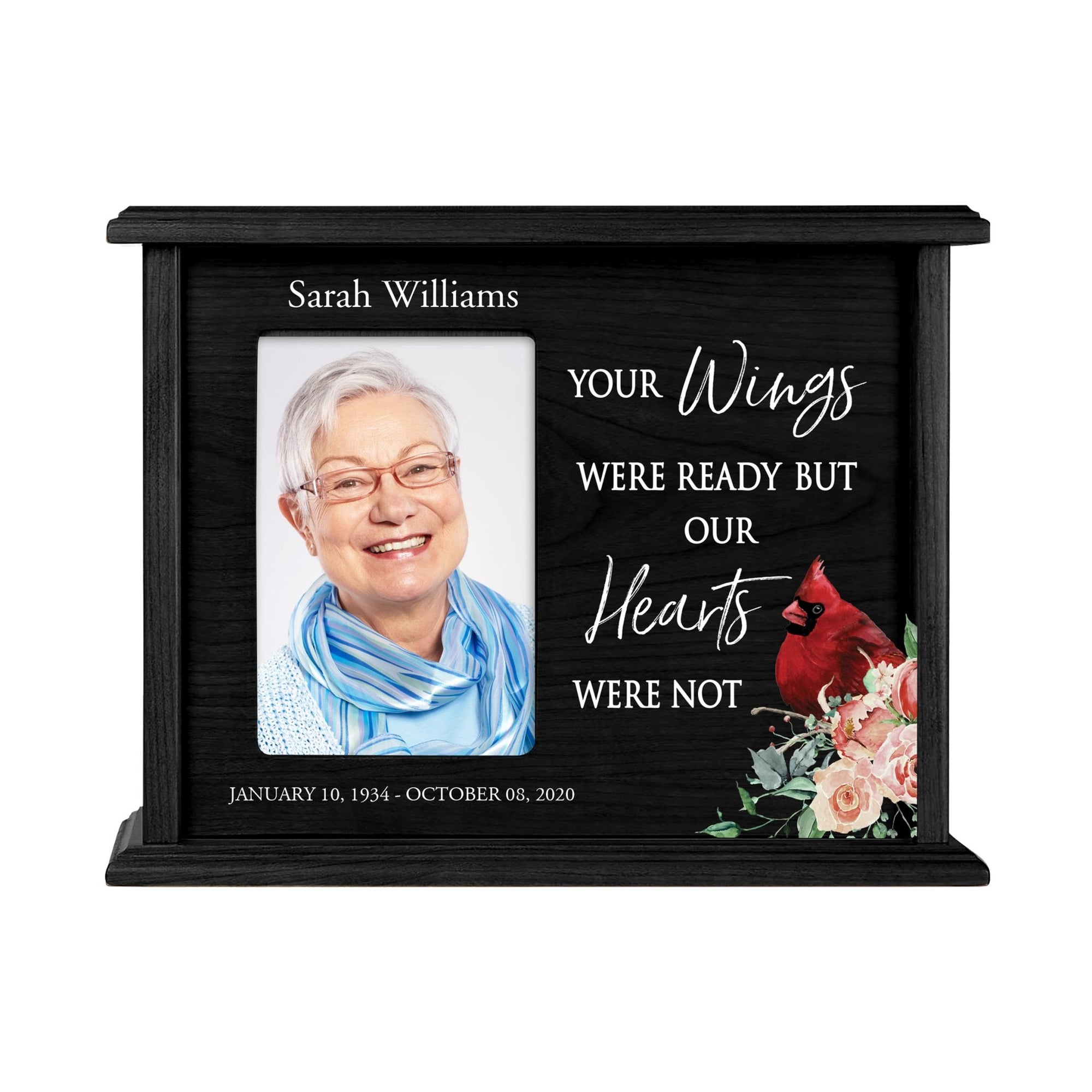 Customized Memorial Cremation Urn Wooden Urn Box with 4x6 Photo holds 200 cu in Your Wings Were - LifeSong Milestones