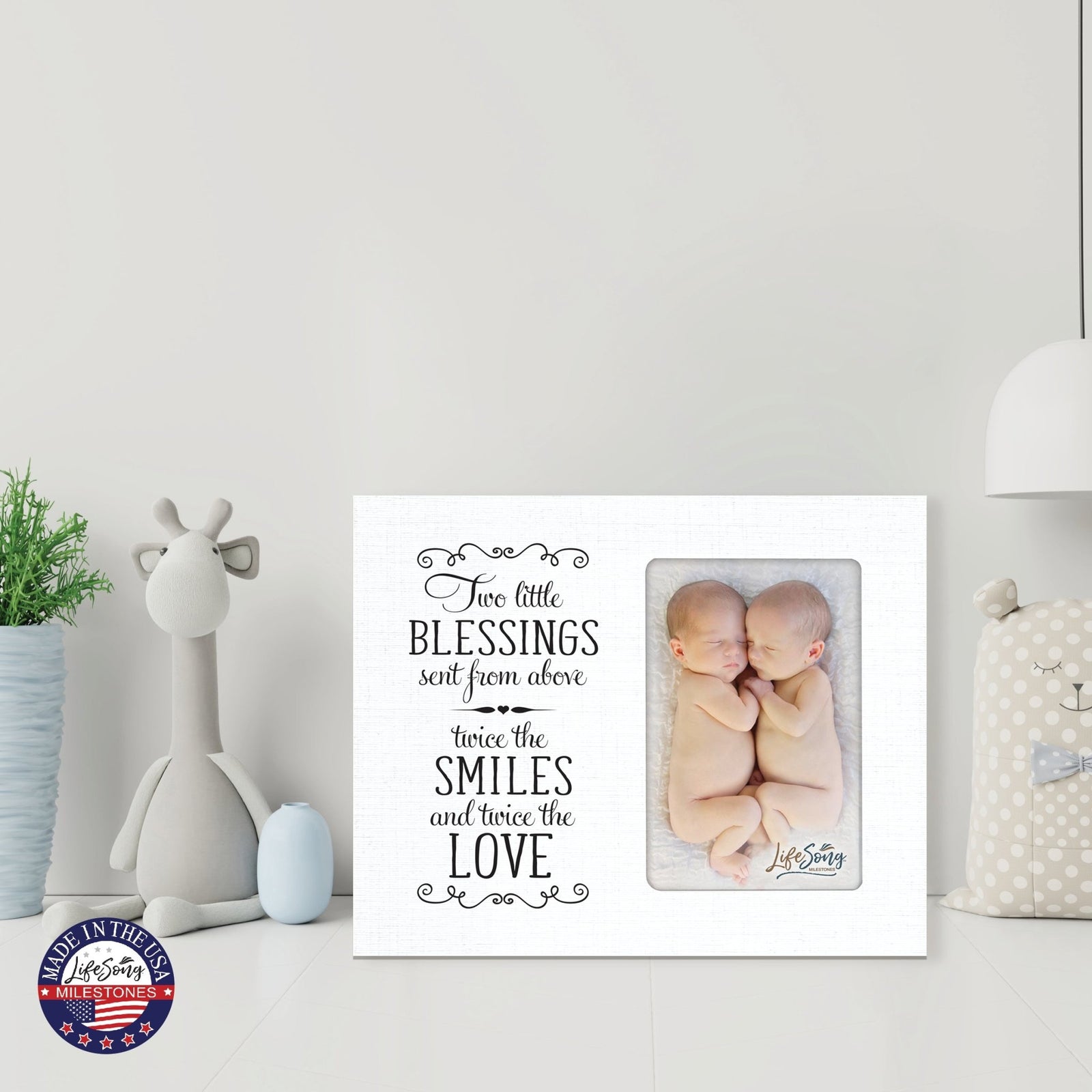 Newborn Baby Twins Announcement Wooden Wall And Tabletop Photo Frame For New Parents Gift Ideas - Two Little Blessings