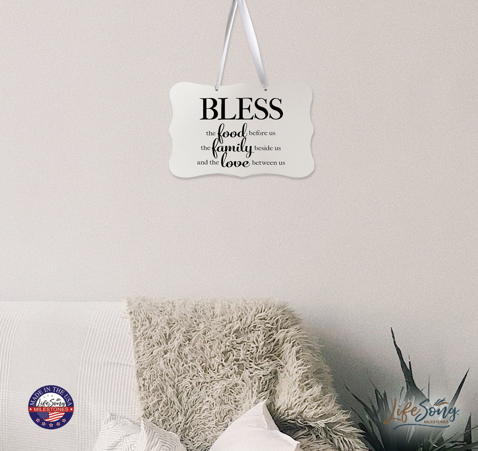 Digitally Printed Ribbon Signs Wall Decor 8” x 12” x 0.125" Includes Ribbon - Bless The Food - LifeSong Milestones