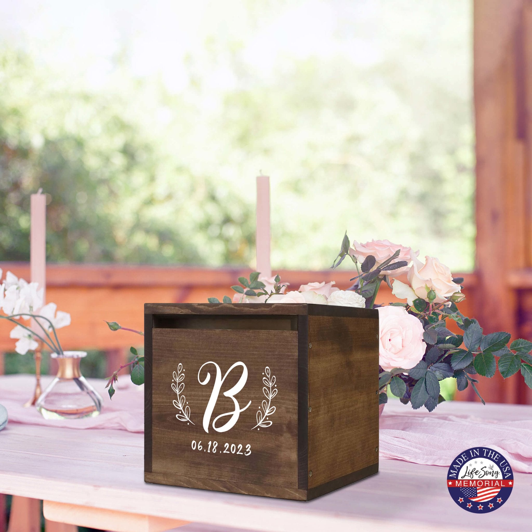 Elegant and Durable Pine Wood Wedding Card Box (Family Name Initial 2) Walnut
