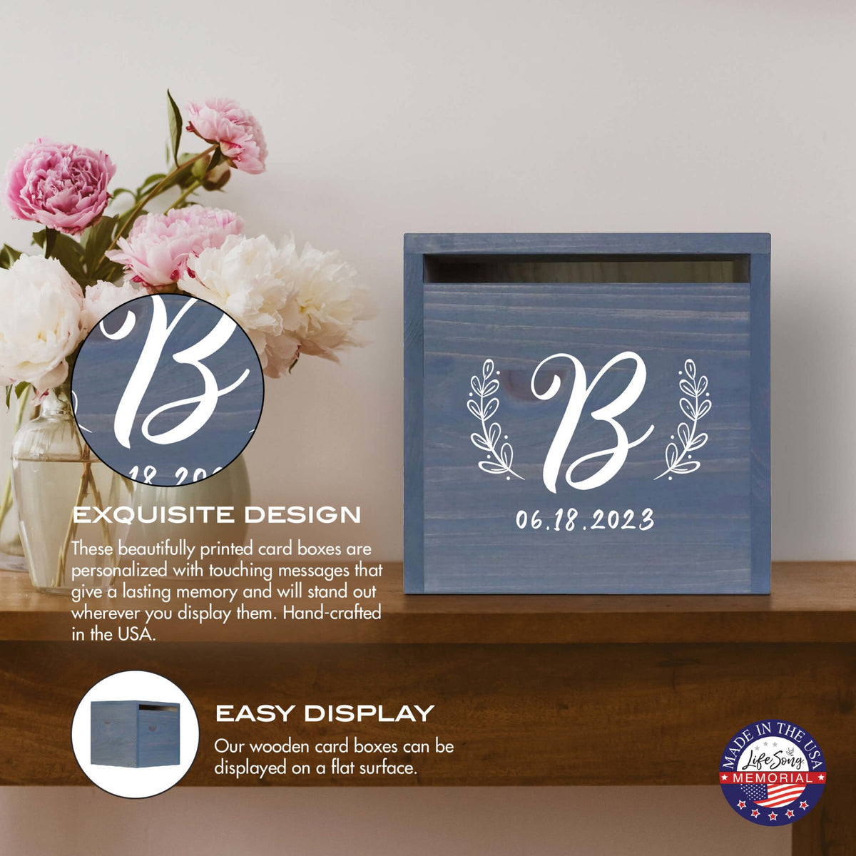 Elegant and Durable Pine Wood Wedding Card Box (Family Name Initial 2) - LifeSong Milestones