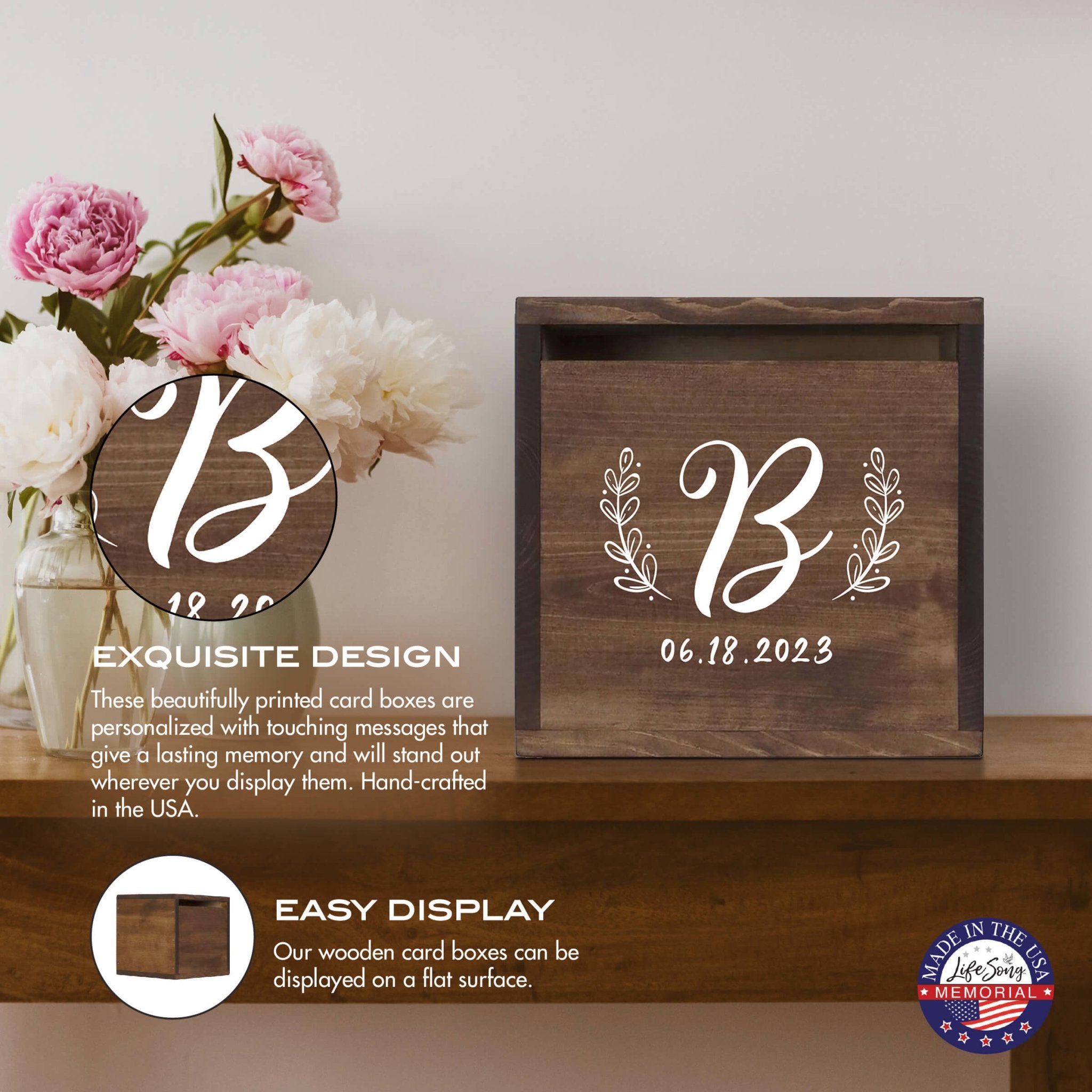 Elegant and Durable Pine Wood Wedding Card Box (Family Name Initial 2) Walnut
