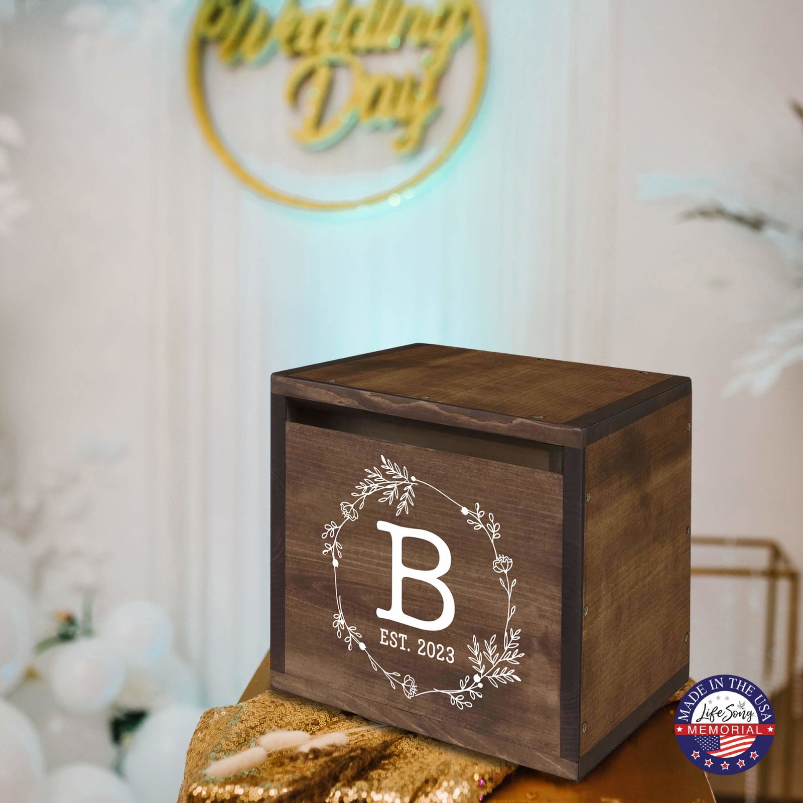 Elegant and Durable Pine Wood Wedding Card Box (Family Name Initial) - LifeSong Milestones