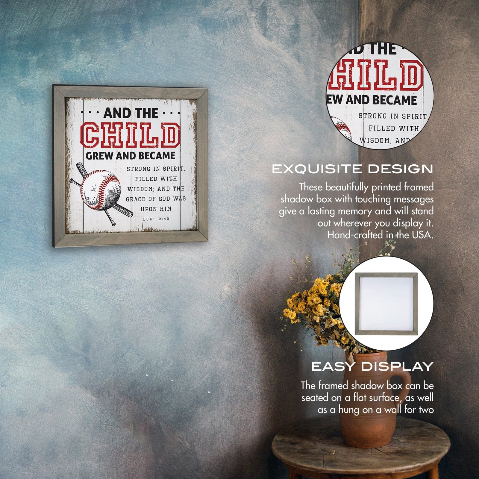Elegant Baseball Framed Shadow Box Shelf Décor With Inspiring Bible Verses - And The Child Grew - LifeSong Milestones