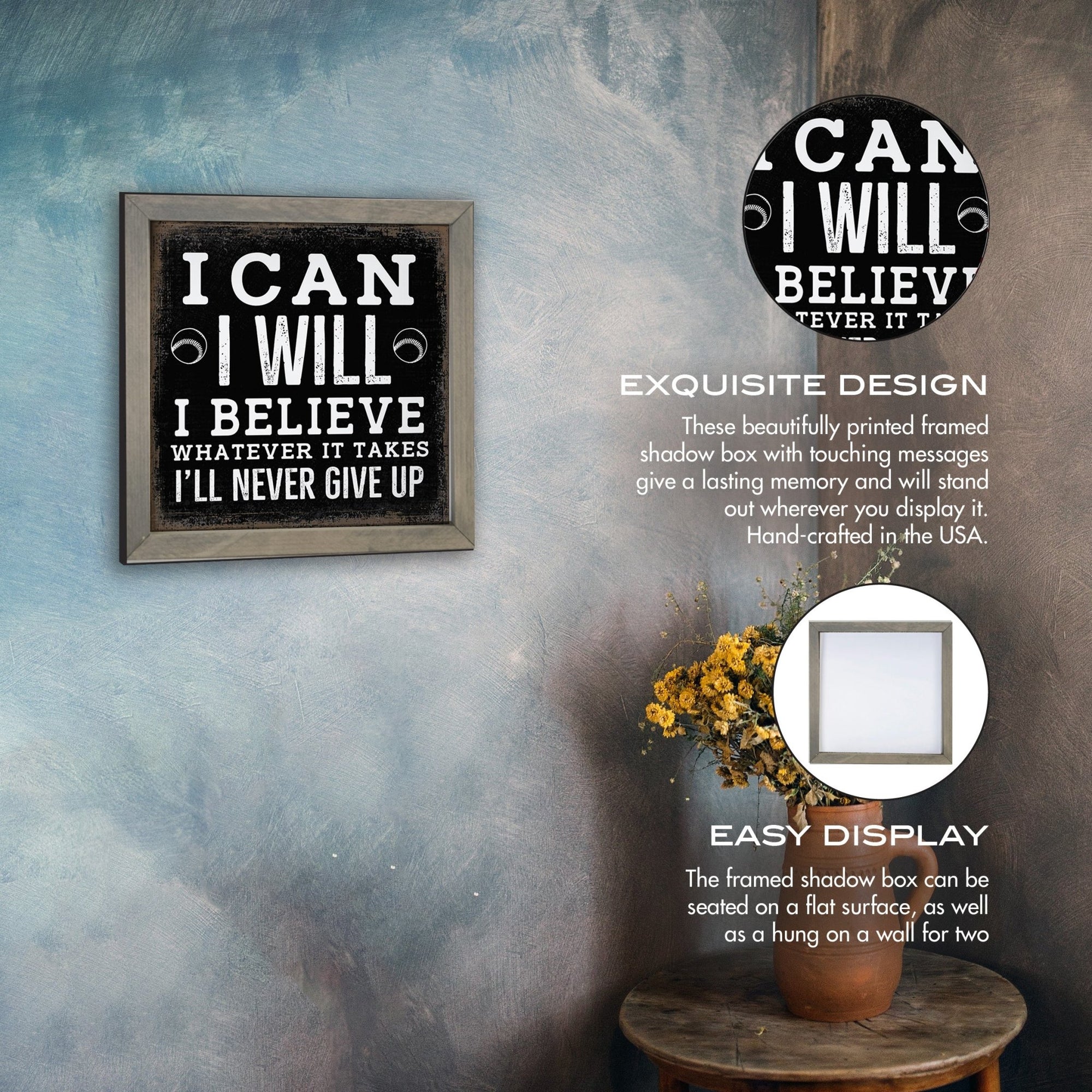 Elegant Baseball Framed Shadow Box Shelf Décor With Inspiring Bible Verses - I Can, I Will - LifeSong Milestones