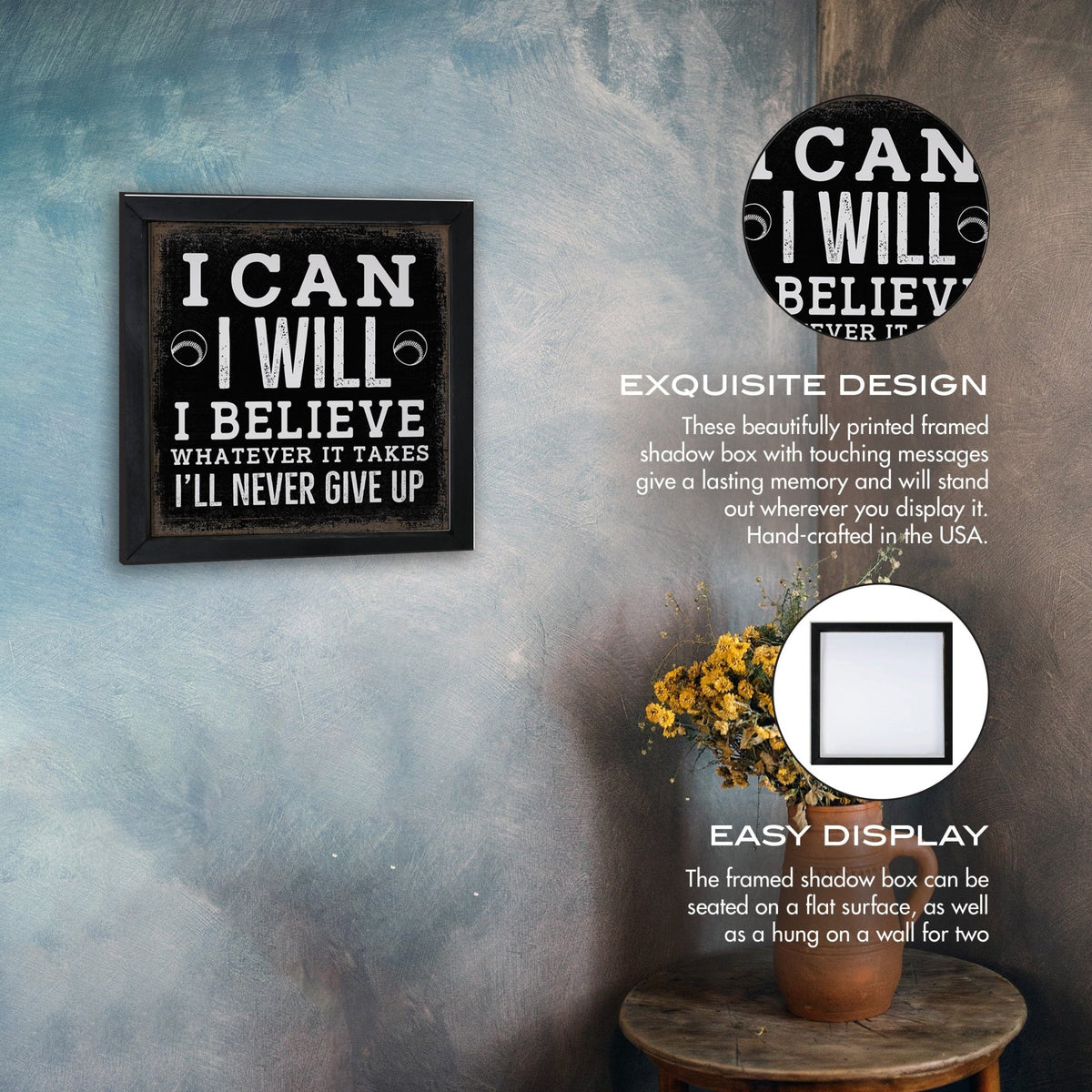 Elegant Baseball Framed Shadow Box Shelf Décor With Inspiring Bible Verses - I Can, I Will - LifeSong Milestones