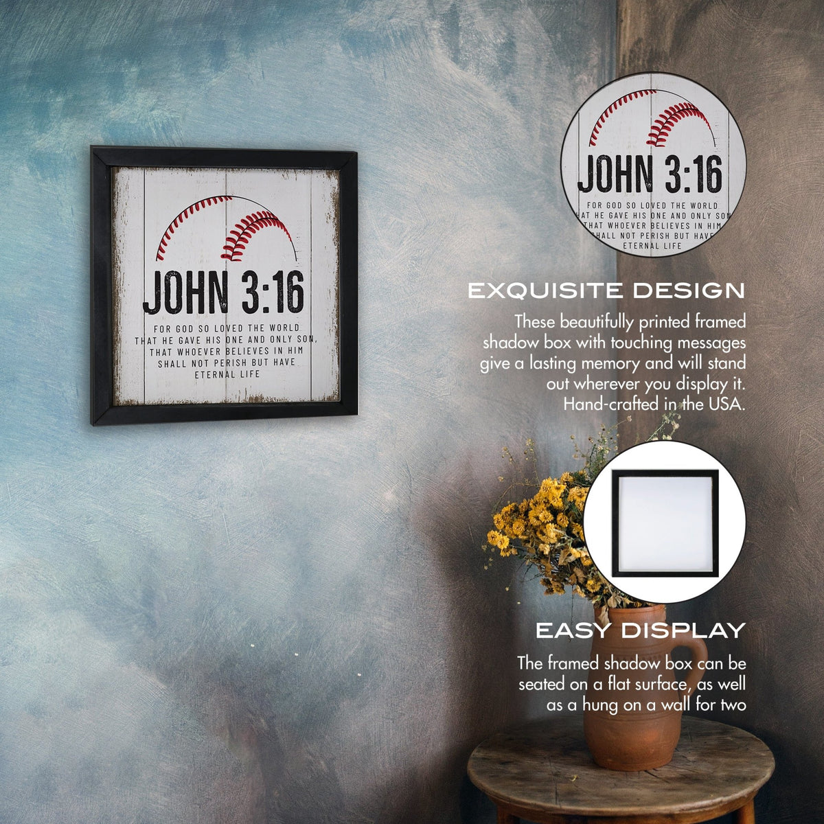 Elegant Baseball Framed Shadow Box Shelf Décor With Inspiring Bible Verses - John 3:16 - LifeSong Milestones