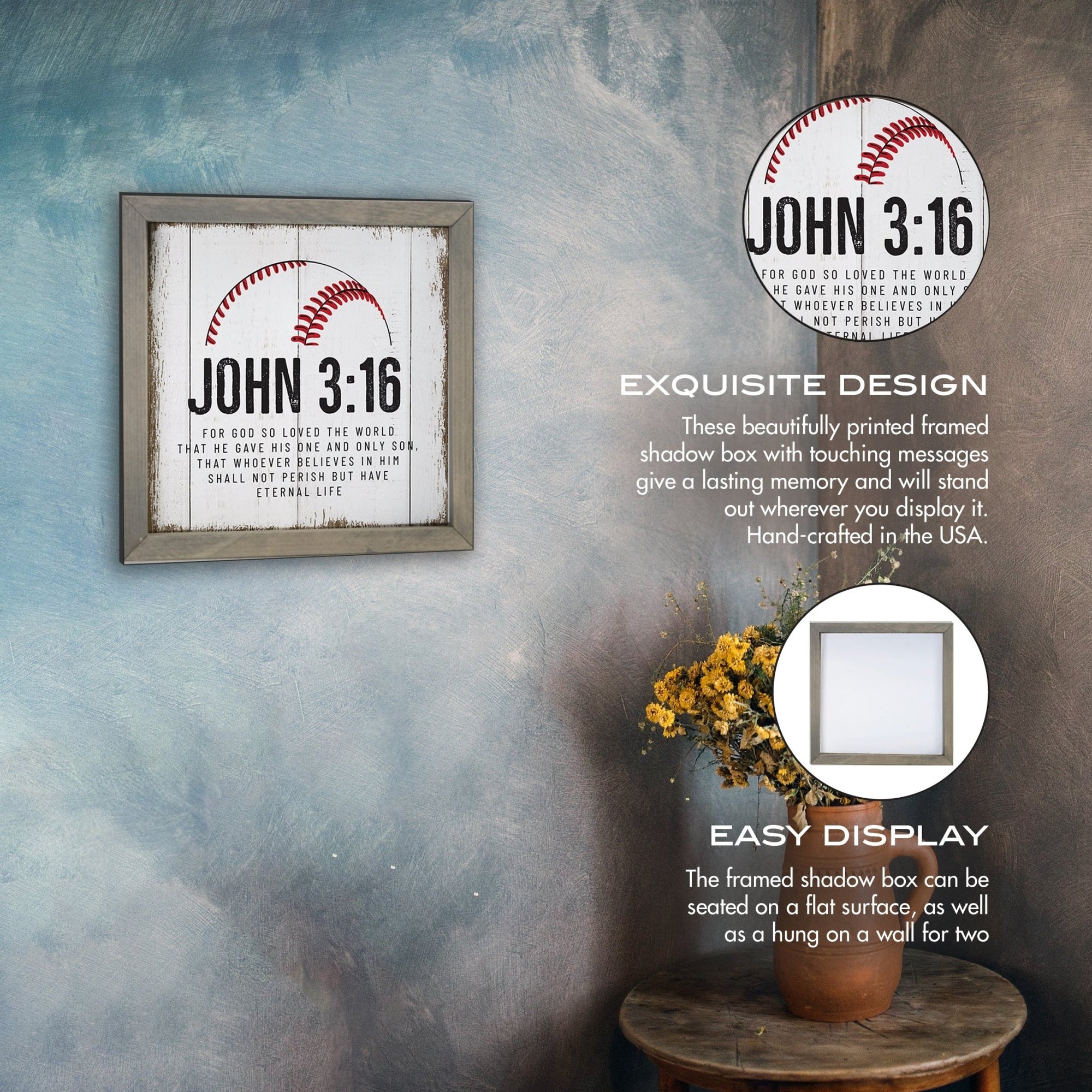 Elegant Baseball Framed Shadow Box Shelf Décor With Inspiring Bible Verses - John 3:16 - LifeSong Milestones