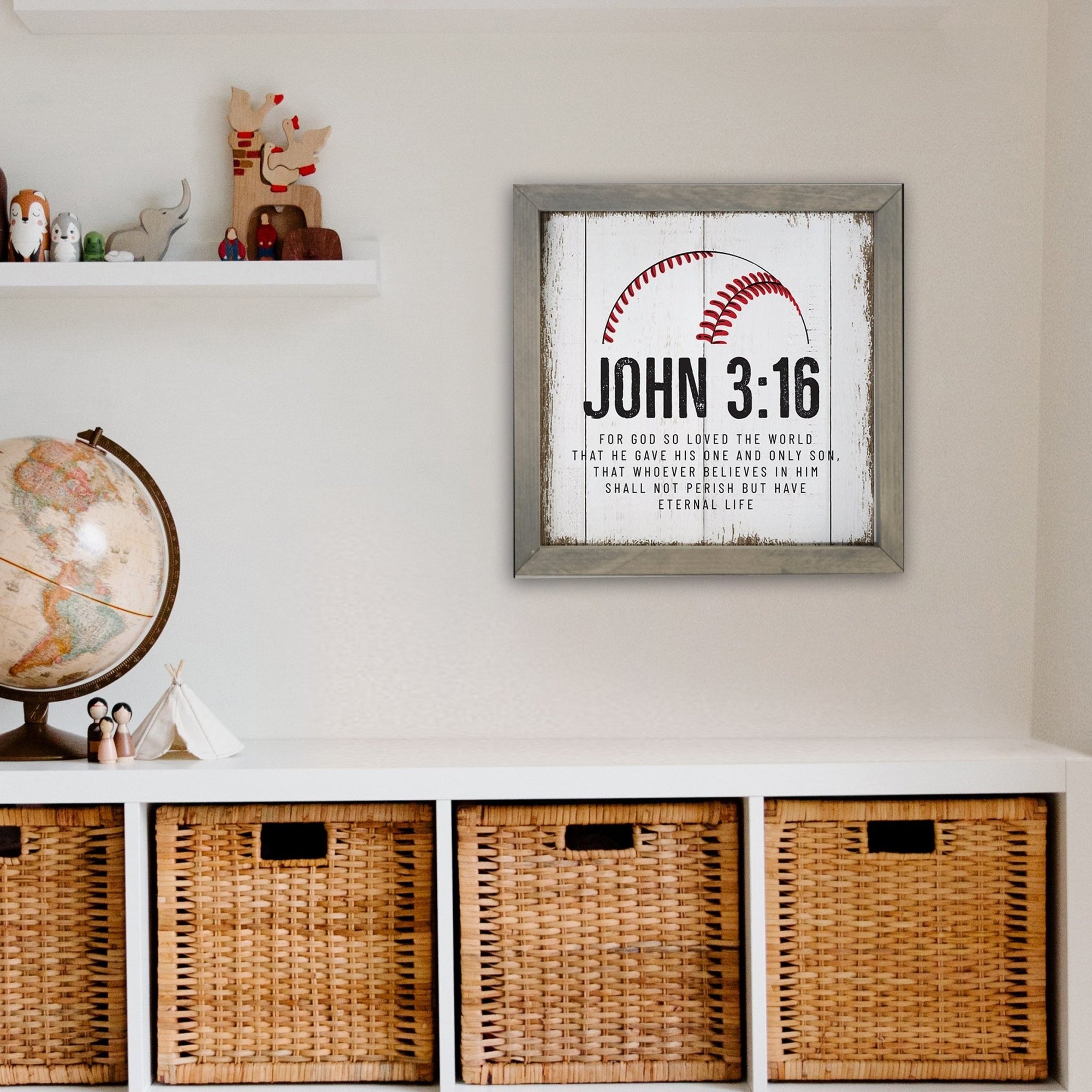 Elegant Baseball Framed Shadow Box Shelf Décor With Inspiring Bible Verses - John 3:16 - LifeSong Milestones