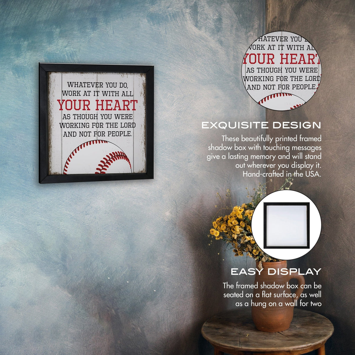 Elegant Baseball Framed Shadow Box Shelf Décor With Inspiring Bible Verses - Your Heart - LifeSong Milestones