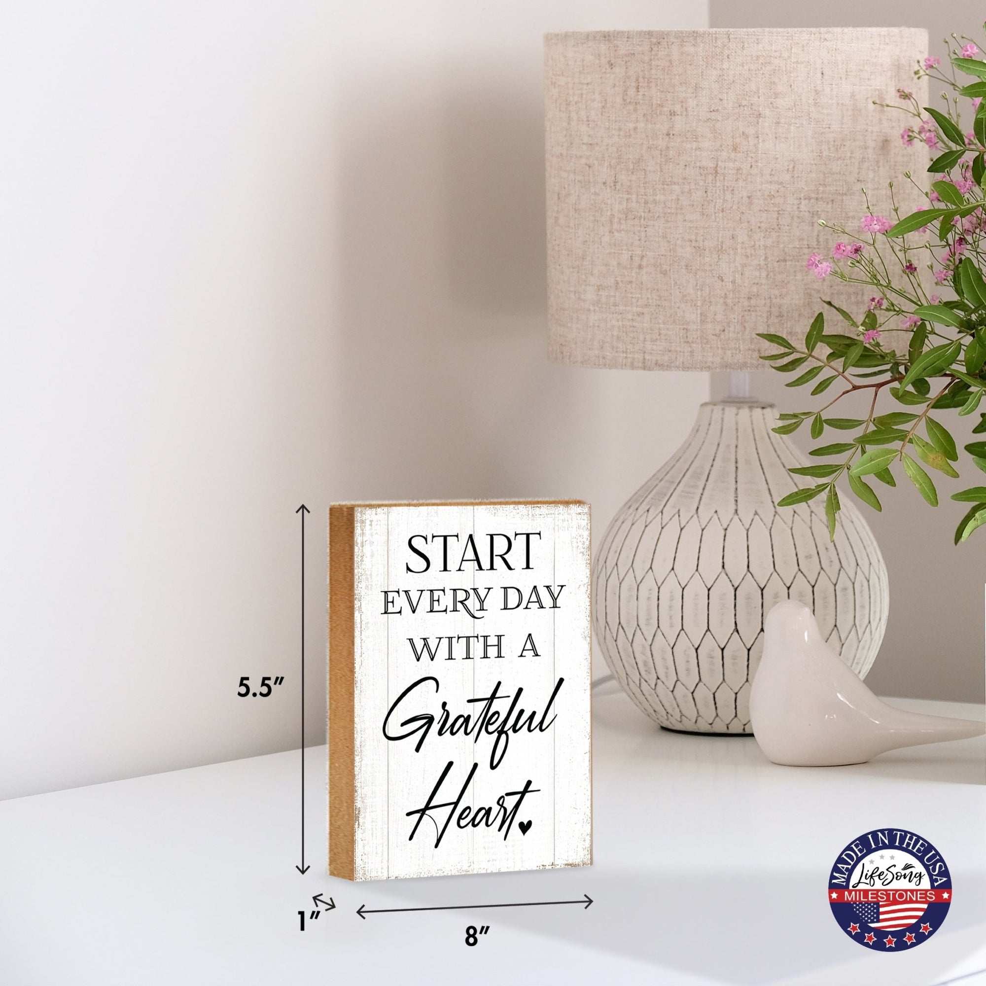 Elegant Motivational Wood Desk & Shelf Décor Gift ideas - Start Every Day With A Grateful Heart - LifeSong Milestones