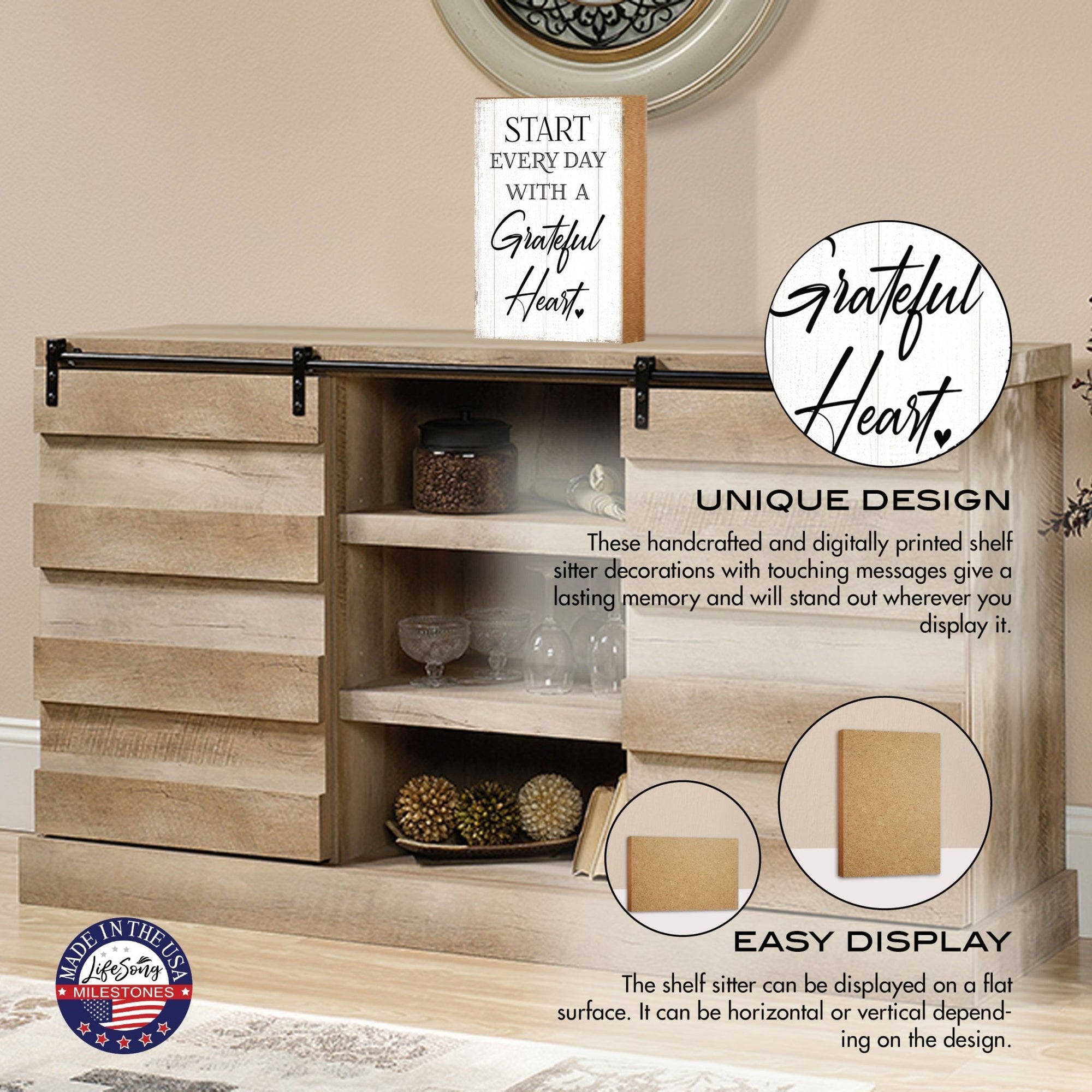 Elegant Motivational Wood Desk & Shelf Décor Gift ideas - Start Every Day With A Grateful Heart - LifeSong Milestones