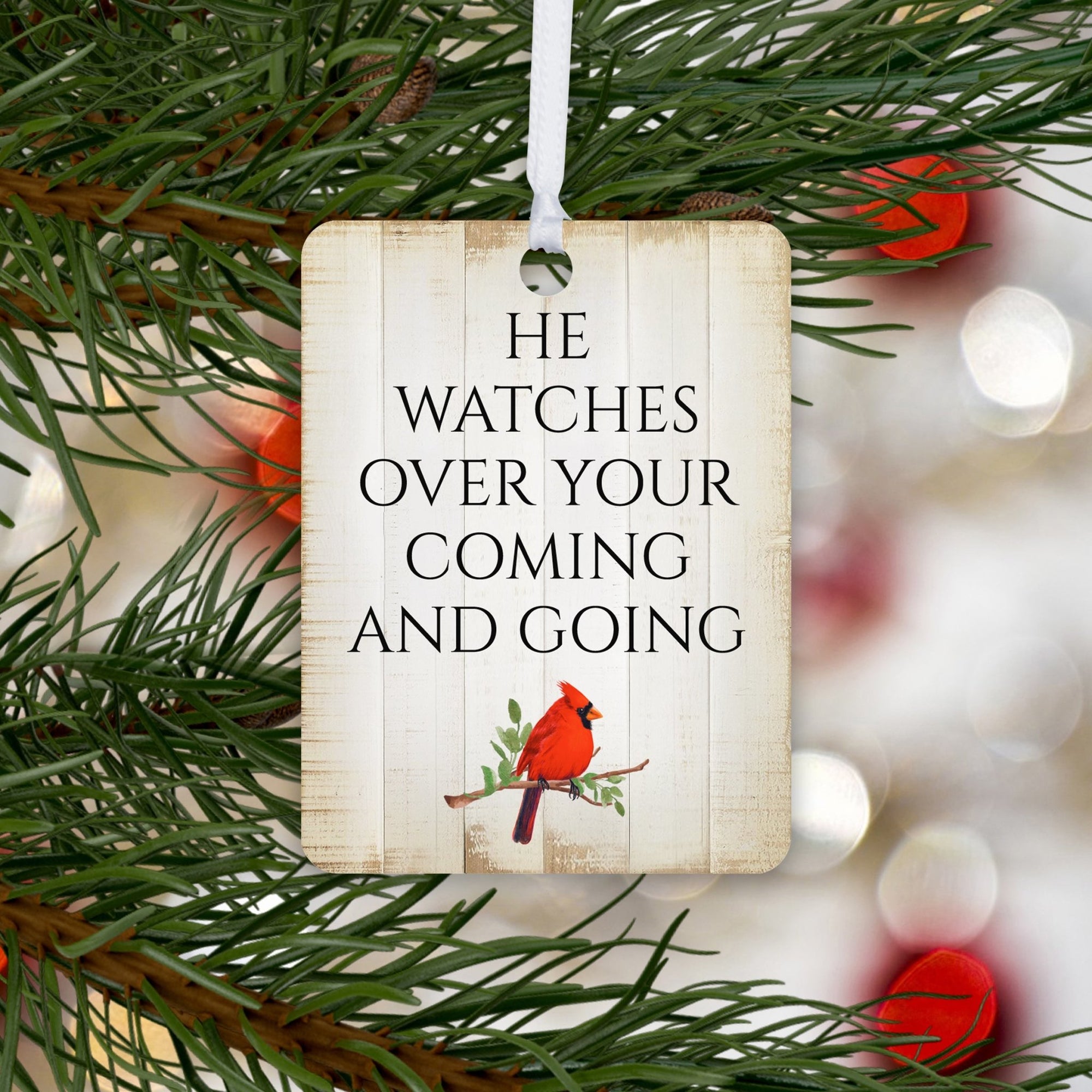 Elegant Vertical Cardinal Wooden Ornament With Everyday Verses Gift Ideas - He Watches Over - LifeSong Milestones