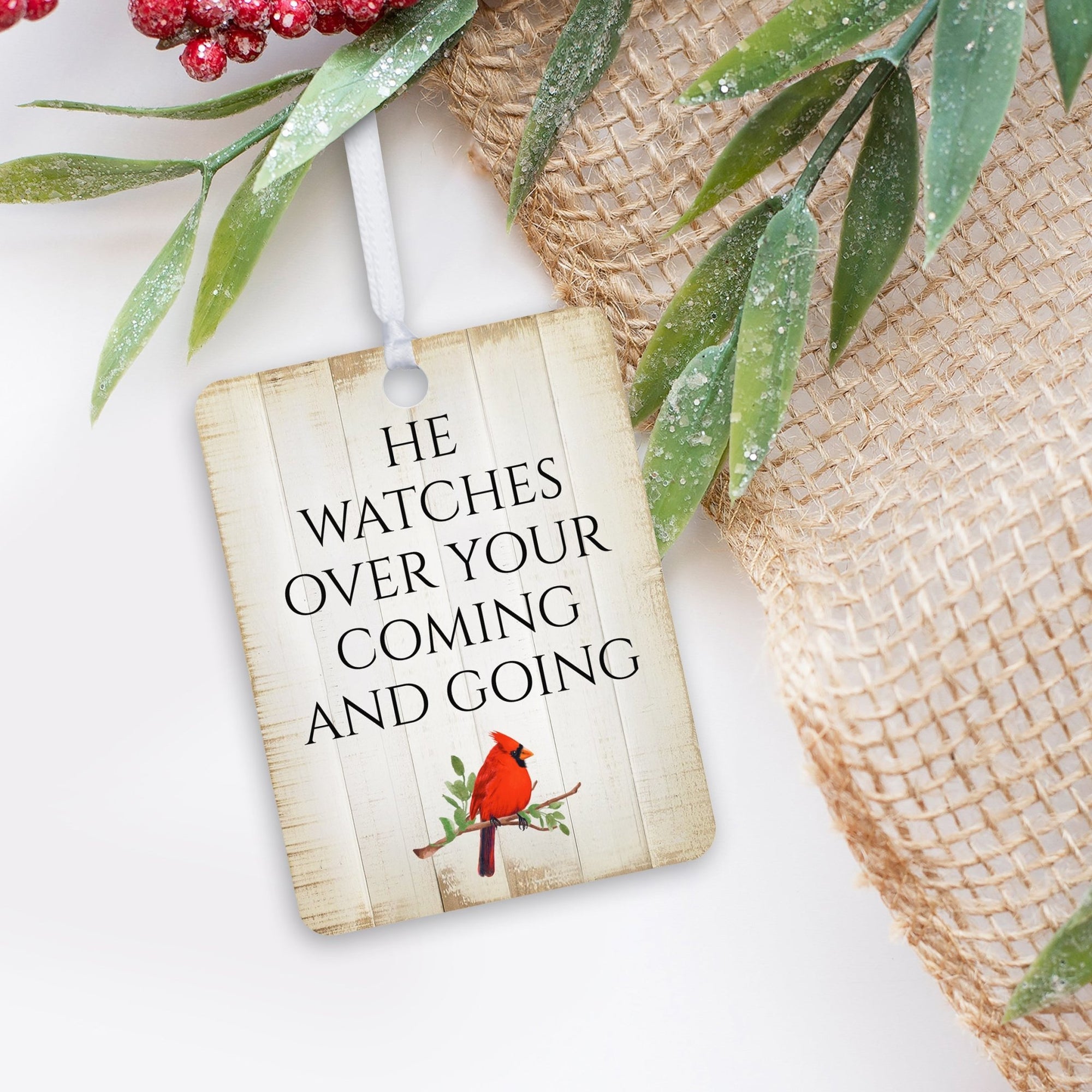 Elegant Vertical Cardinal Wooden Ornament With Everyday Verses Gift Ideas - He Watches Over - LifeSong Milestones