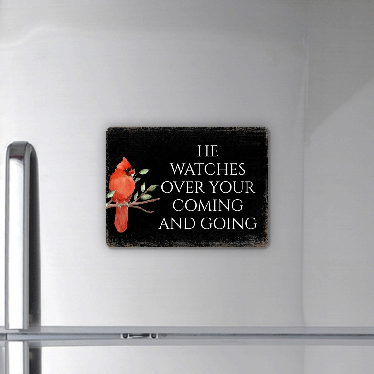 Elegant Vintage-Inspired Cardinal Wooden Magnet Printed With Everyday Inspirational Verses Gift Ideas - He Watches Over - LifeSong Milestones