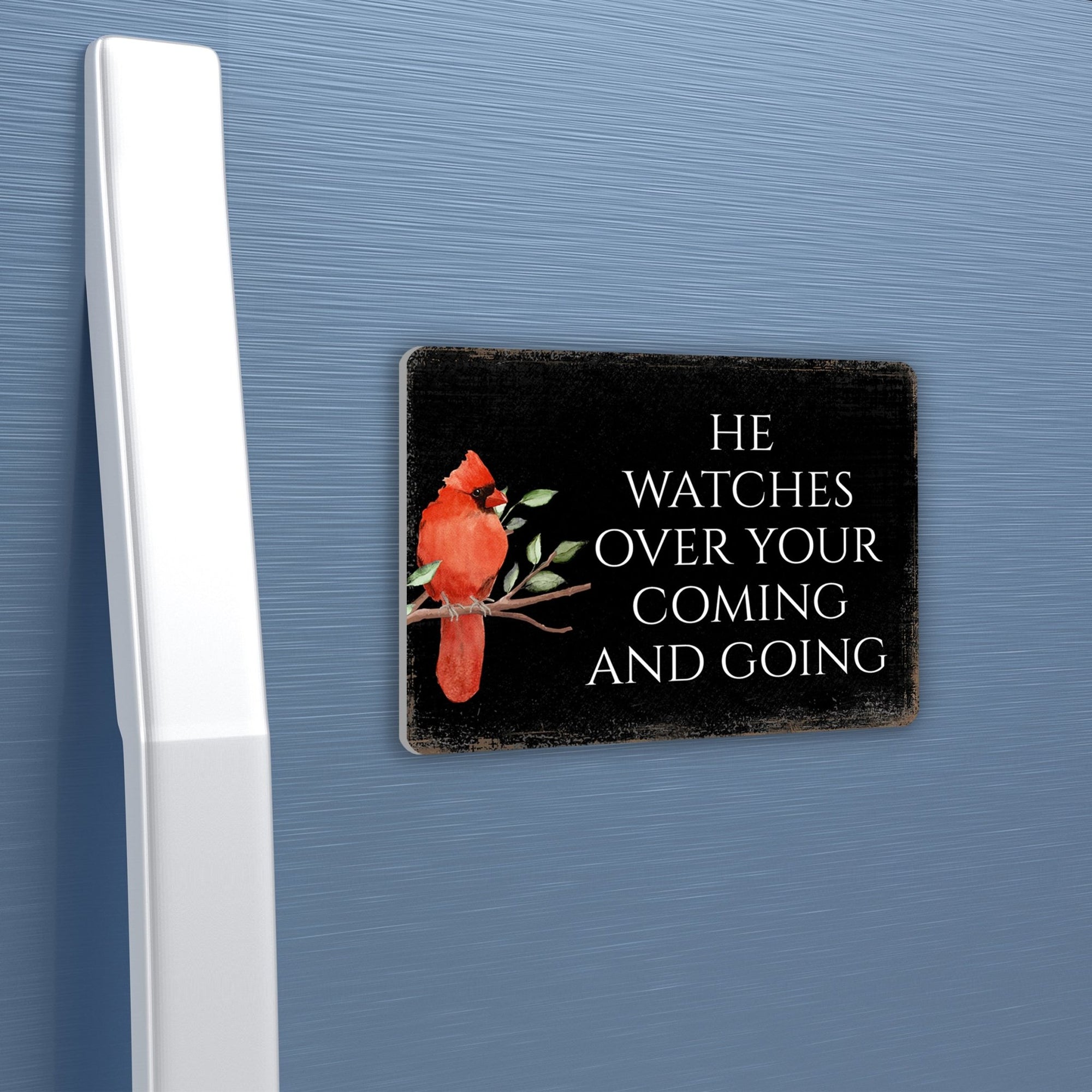 Elegant Vintage-Inspired Cardinal Wooden Magnet Printed With Everyday Inspirational Verses Gift Ideas - He Watches Over - LifeSong Milestones
