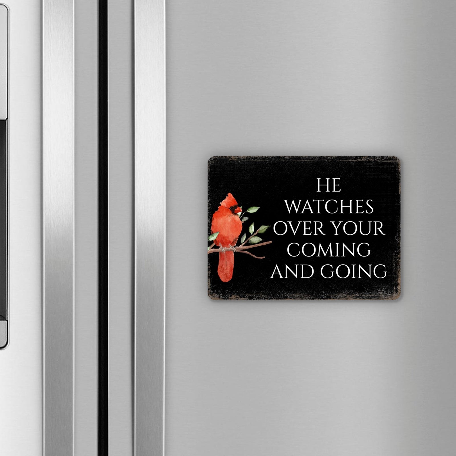 Elegant Vintage-Inspired Cardinal Wooden Magnet Printed With Everyday Inspirational Verses Gift Ideas - He Watches Over - LifeSong Milestones