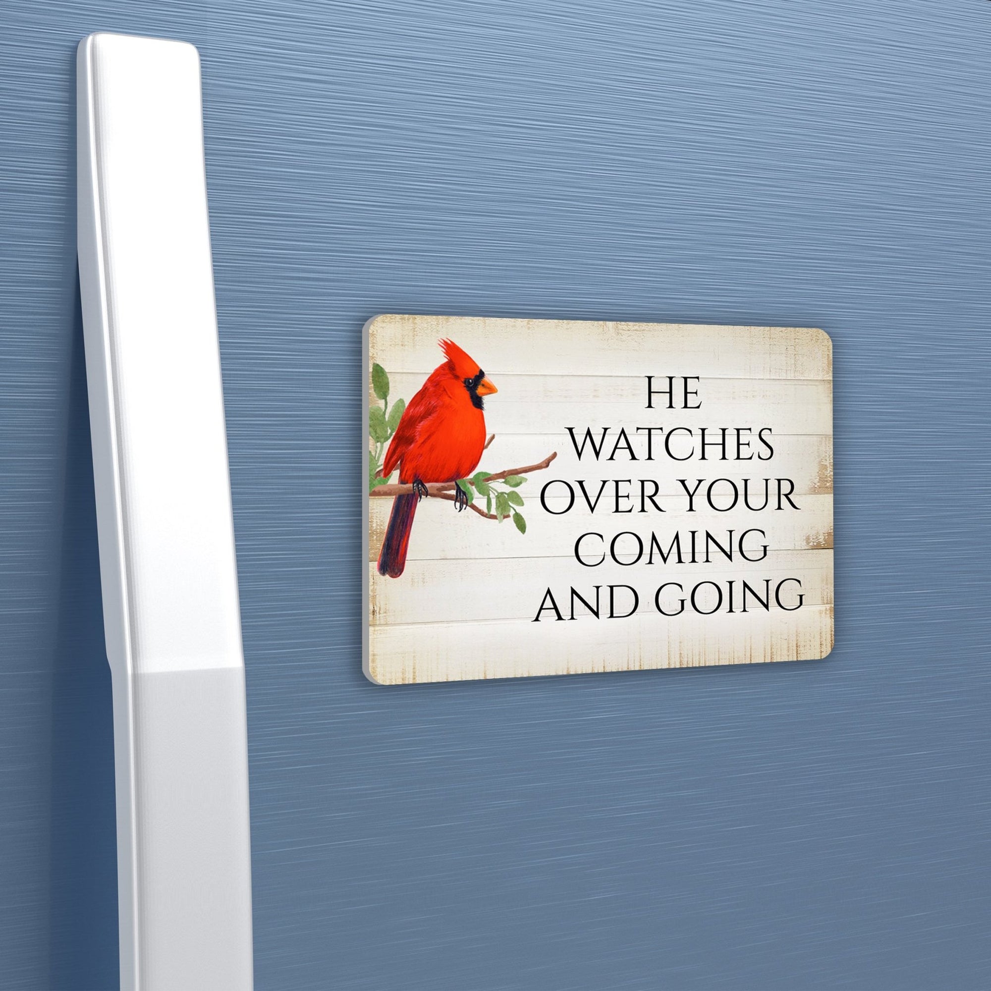Elegant Vintage-Inspired Cardinal Wooden Magnet Printed With Everyday Inspirational Verses Gift Ideas - He Watches Over - LifeSong Milestones