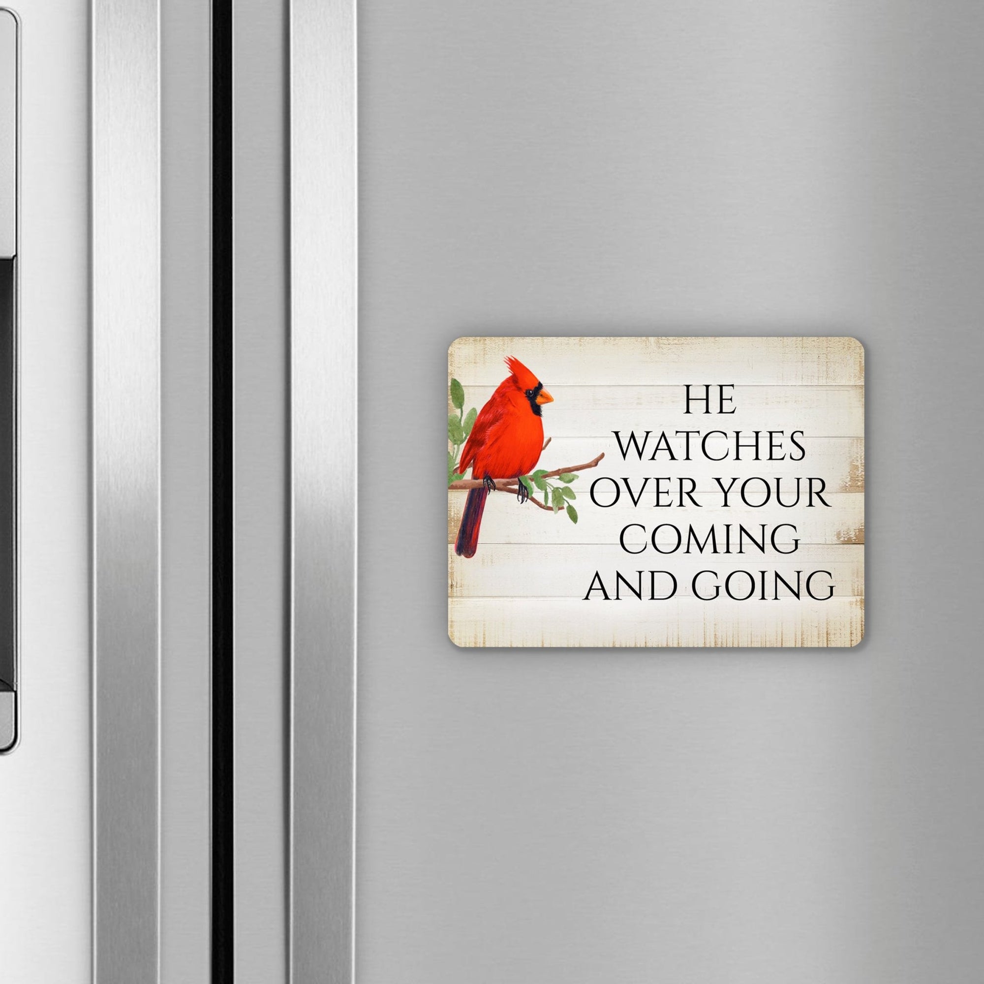 Elegant Vintage-Inspired Cardinal Wooden Magnet Printed With Everyday Inspirational Verses Gift Ideas - He Watches Over - LifeSong Milestones