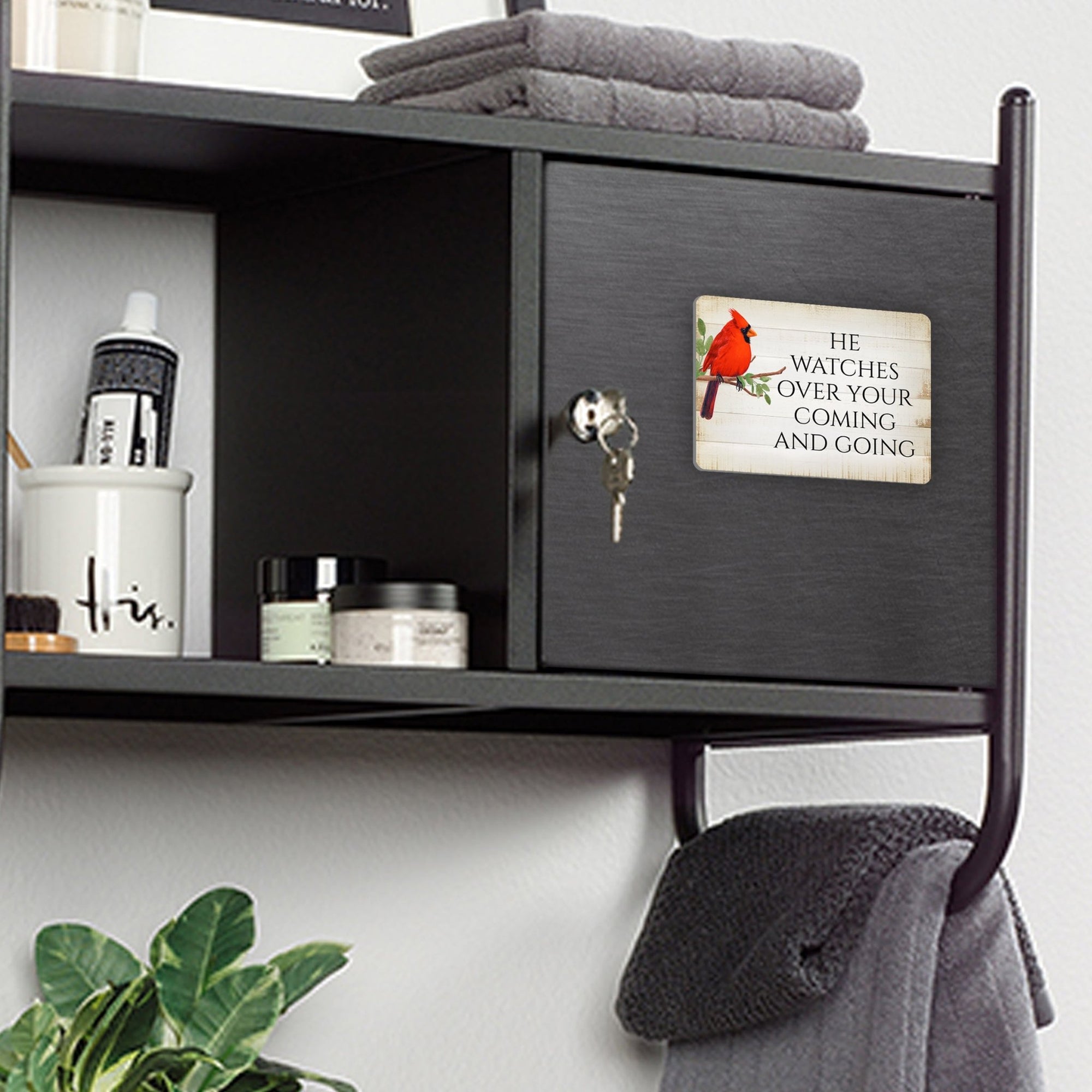 Elegant Vintage-Inspired Cardinal Wooden Magnet Printed With Everyday Inspirational Verses Gift Ideas - He Watches Over - LifeSong Milestones