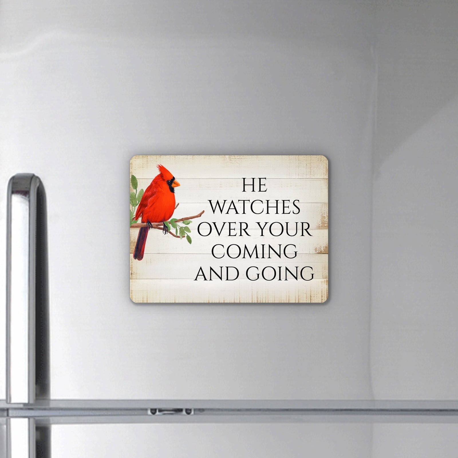 Elegant Vintage-Inspired Cardinal Wooden Magnet Printed With Everyday Inspirational Verses Gift Ideas - He Watches Over - LifeSong Milestones