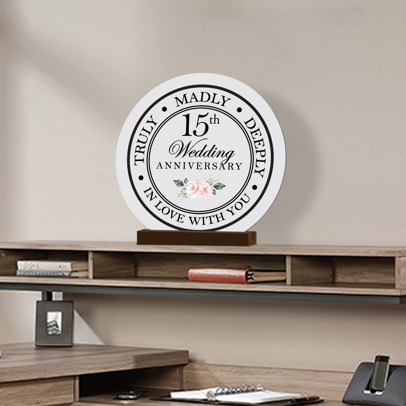 Elegant Wedding Anniversary Celebration Round Sign on Solid Wooden Base - 15th Wedding Anniversary - LifeSong Milestones