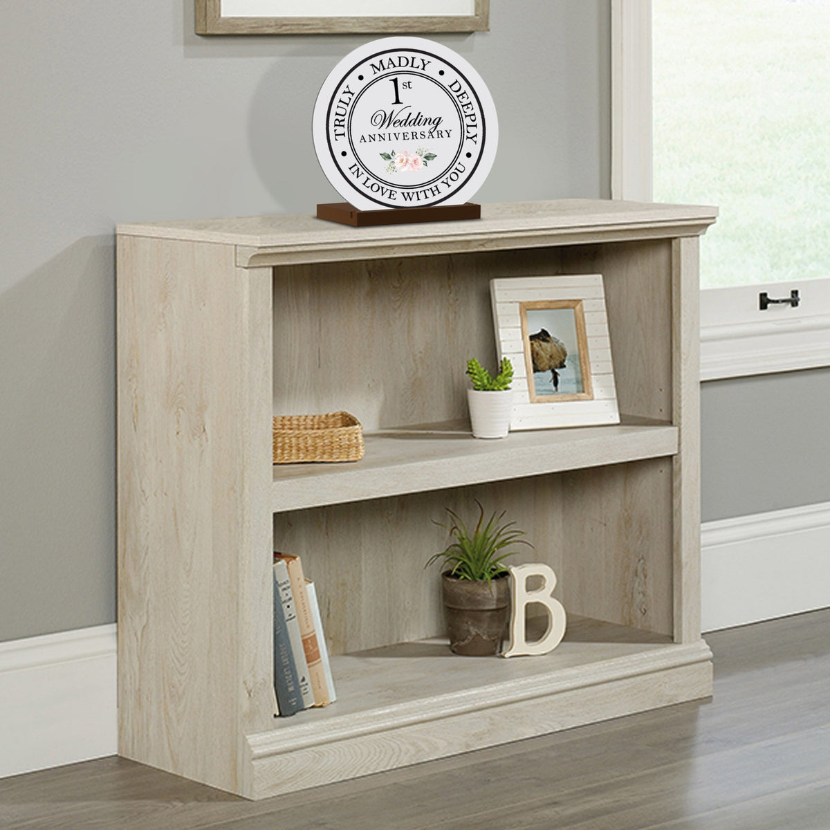 Elegant Wedding Anniversary Celebration Round Sign on Solid Wooden Base - 1st Wedding Anniversary - LifeSong Milestones