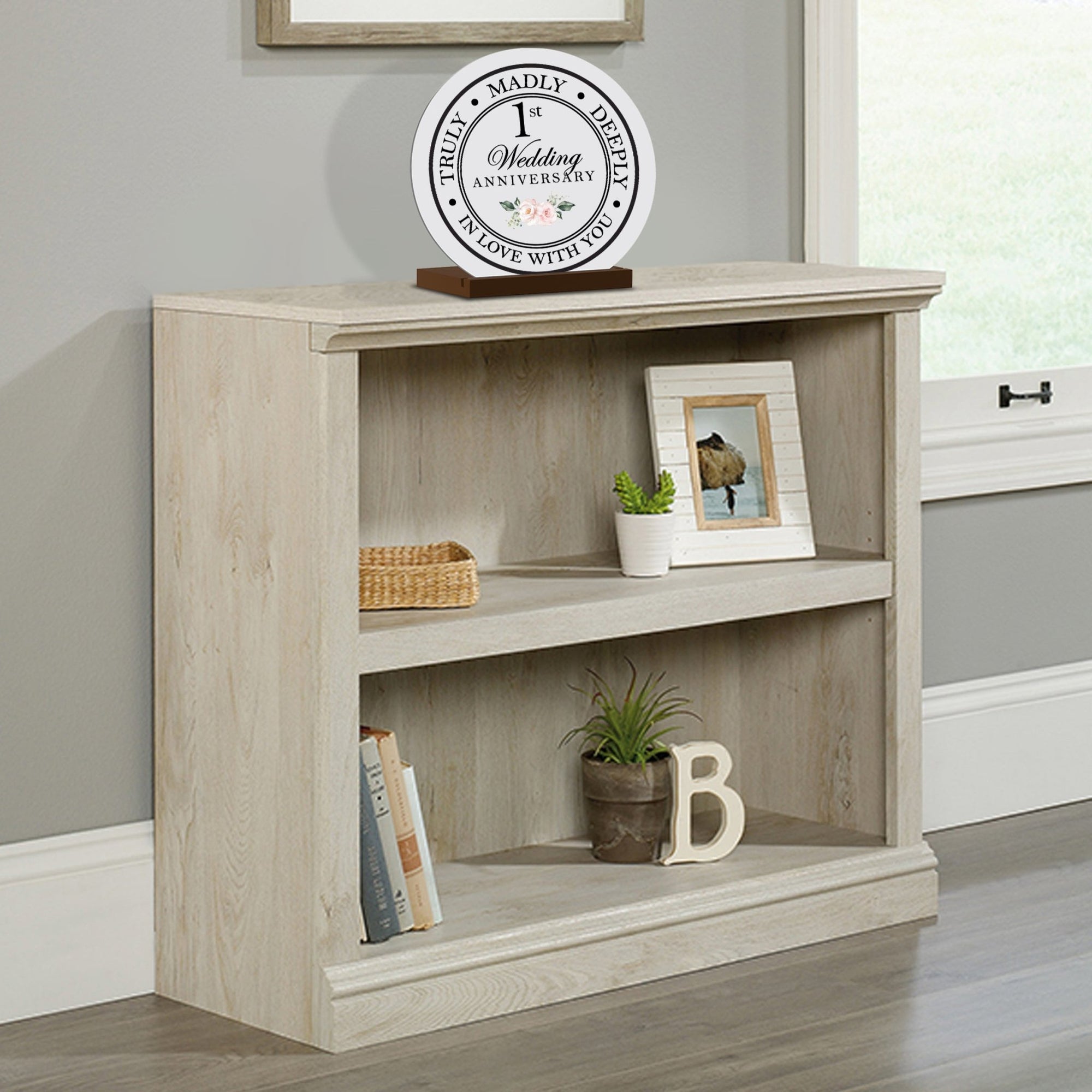 Elegant Wedding Anniversary Celebration Round Sign on Solid Wooden Base - 1st Wedding Anniversary - LifeSong Milestones