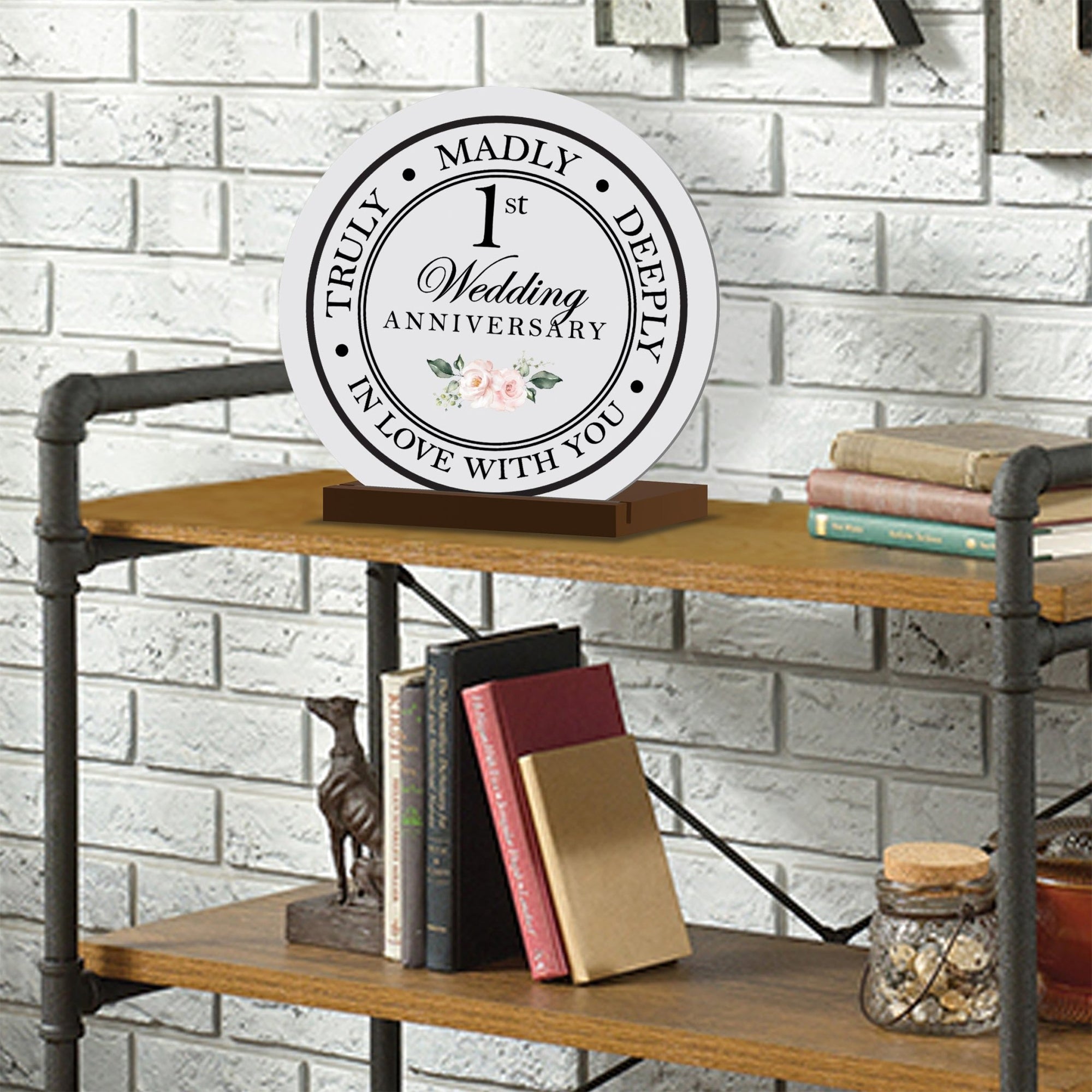 Elegant Wedding Anniversary Celebration Round Sign on Solid Wooden Base - 1st Wedding Anniversary - LifeSong Milestones