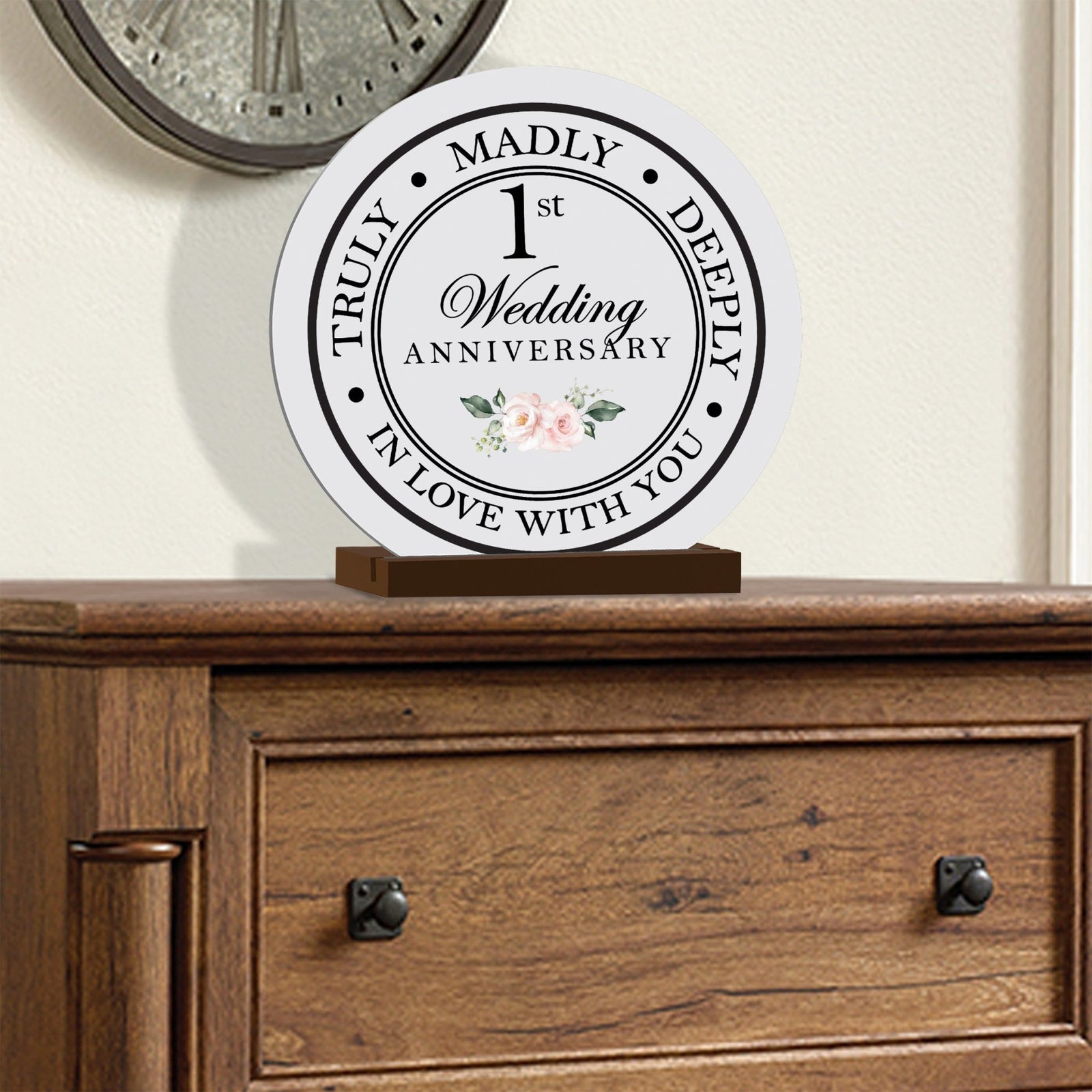 Elegant Wedding Anniversary Celebration Round Sign on Solid Wooden Base - 1st Wedding Anniversary - LifeSong Milestones