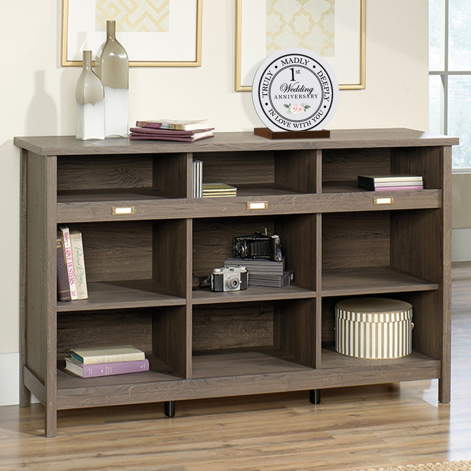 Elegant Wedding Anniversary Celebration Round Sign on Solid Wooden Base - 1st Wedding Anniversary - LifeSong Milestones