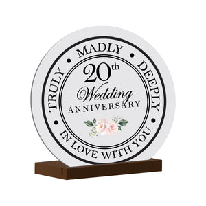 Elegant Wedding Anniversary Celebration Round Sign on Solid Wooden Base - 20th Wedding Anniversary - LifeSong Milestones