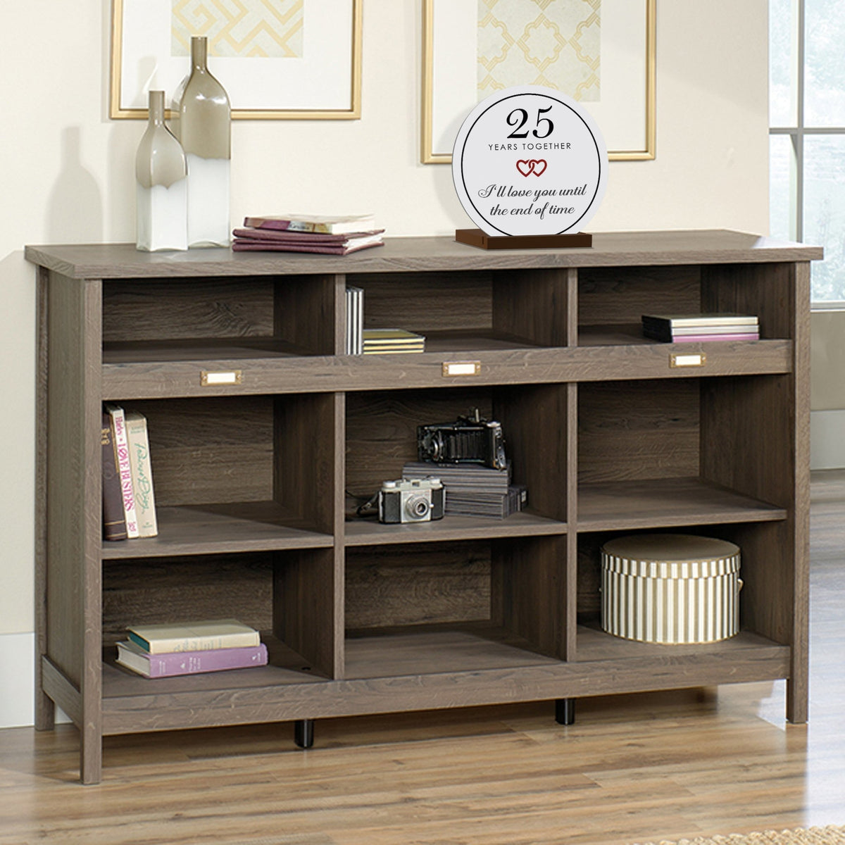 Elegant Wedding Anniversary Celebration Round Sign on Solid Wooden Base - 25th Years Together - LifeSong Milestones