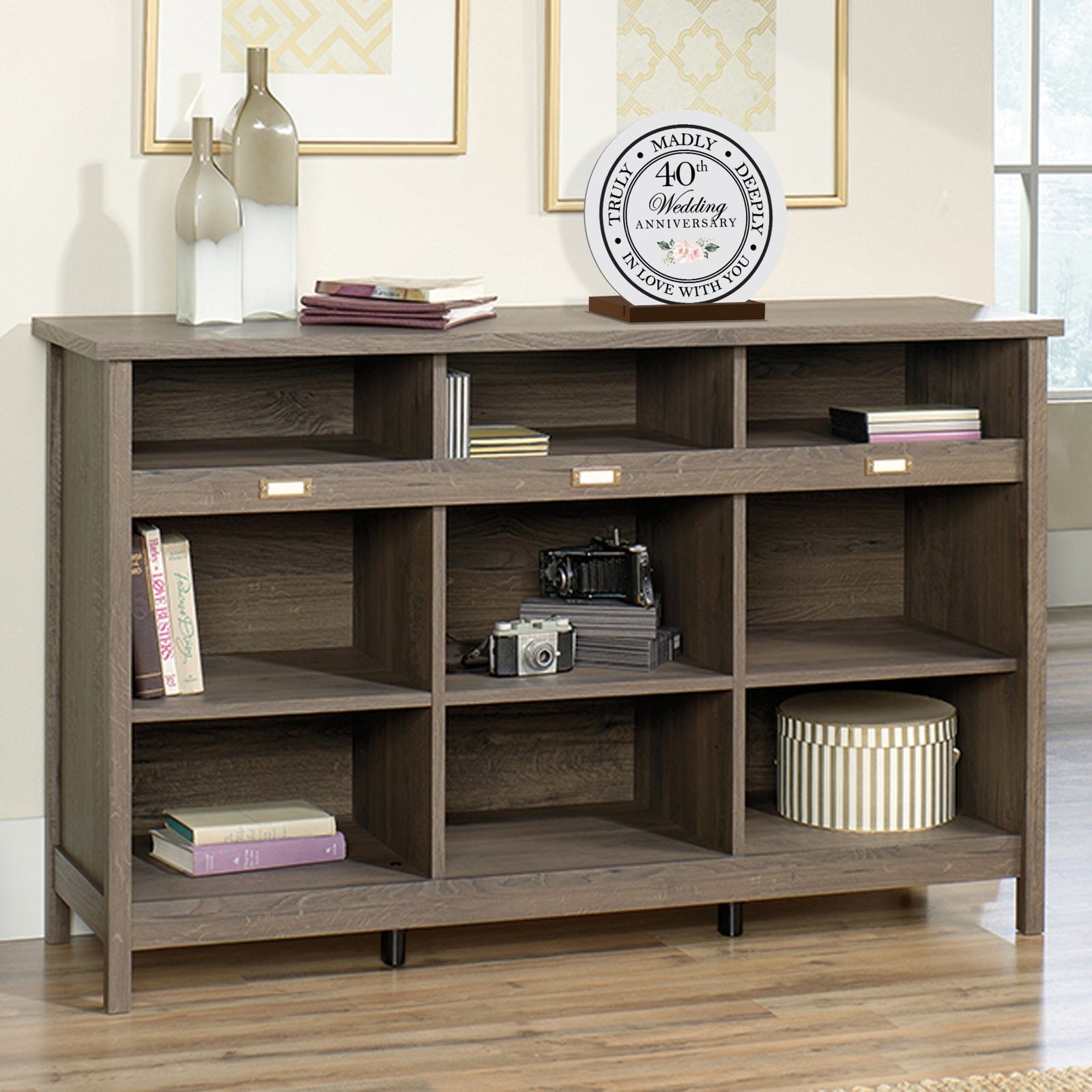 Elegant Wedding Anniversary Celebration Round Sign on Solid Wooden Base - 40th Wedding Anniversary - LifeSong Milestones