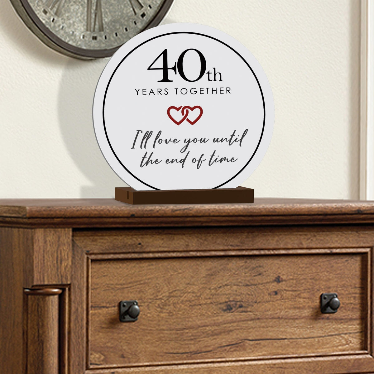 Elegant Wedding Anniversary Celebration Round Sign on Solid Wooden Base - 40th Years Together - LifeSong Milestones