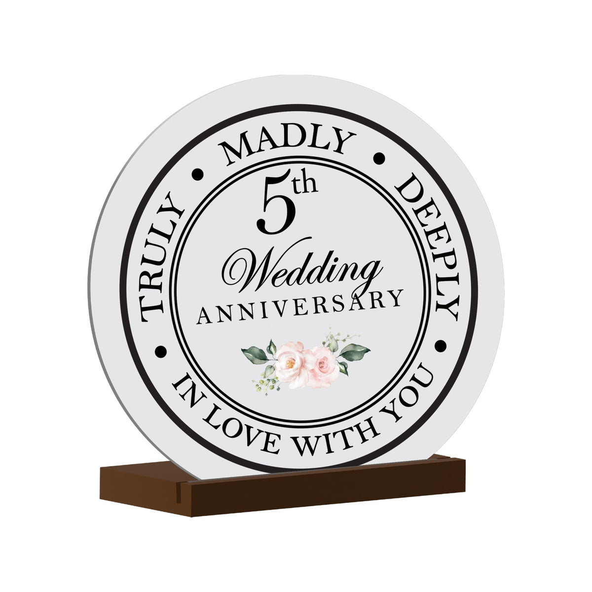 Elegant Wedding Anniversary Celebration Round Sign on Solid Wooden Base - 5th Wedding Anniversary - LifeSong Milestones