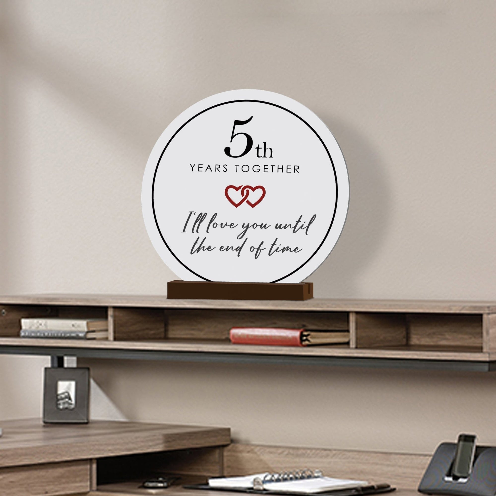 Elegant Wedding Anniversary Celebration Round Sign on Solid Wooden Base - 5th Years Together - LifeSong Milestones