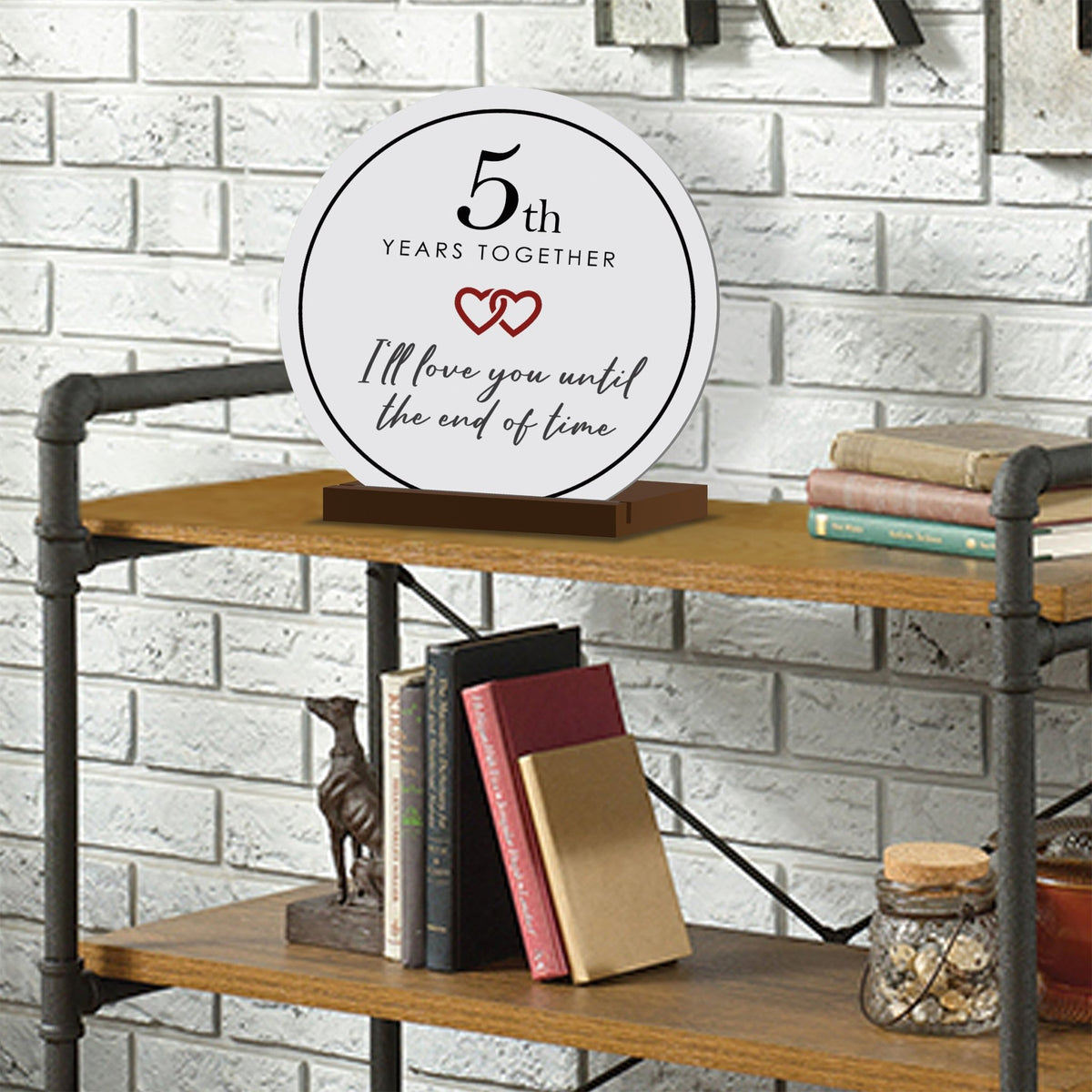 Elegant Wedding Anniversary Celebration Round Sign on Solid Wooden Base - 5th Years Together - LifeSong Milestones