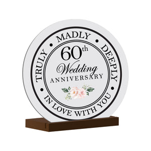 Elegant Wedding Anniversary Celebration Round Sign on Solid Wooden Base - 60th Wedding Anniversary - LifeSong Milestones