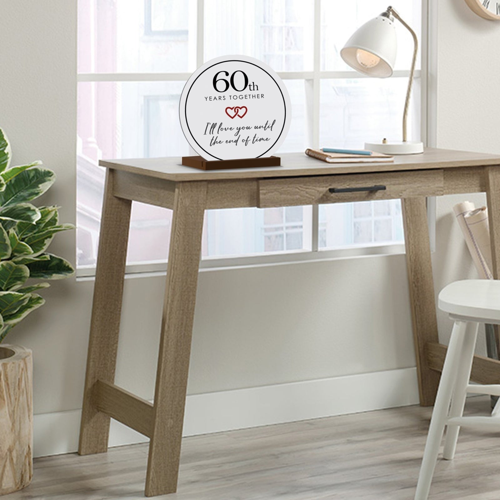 Elegant Wedding Anniversary Celebration Round Sign on Solid Wooden Base - 60th Years Together - LifeSong Milestones